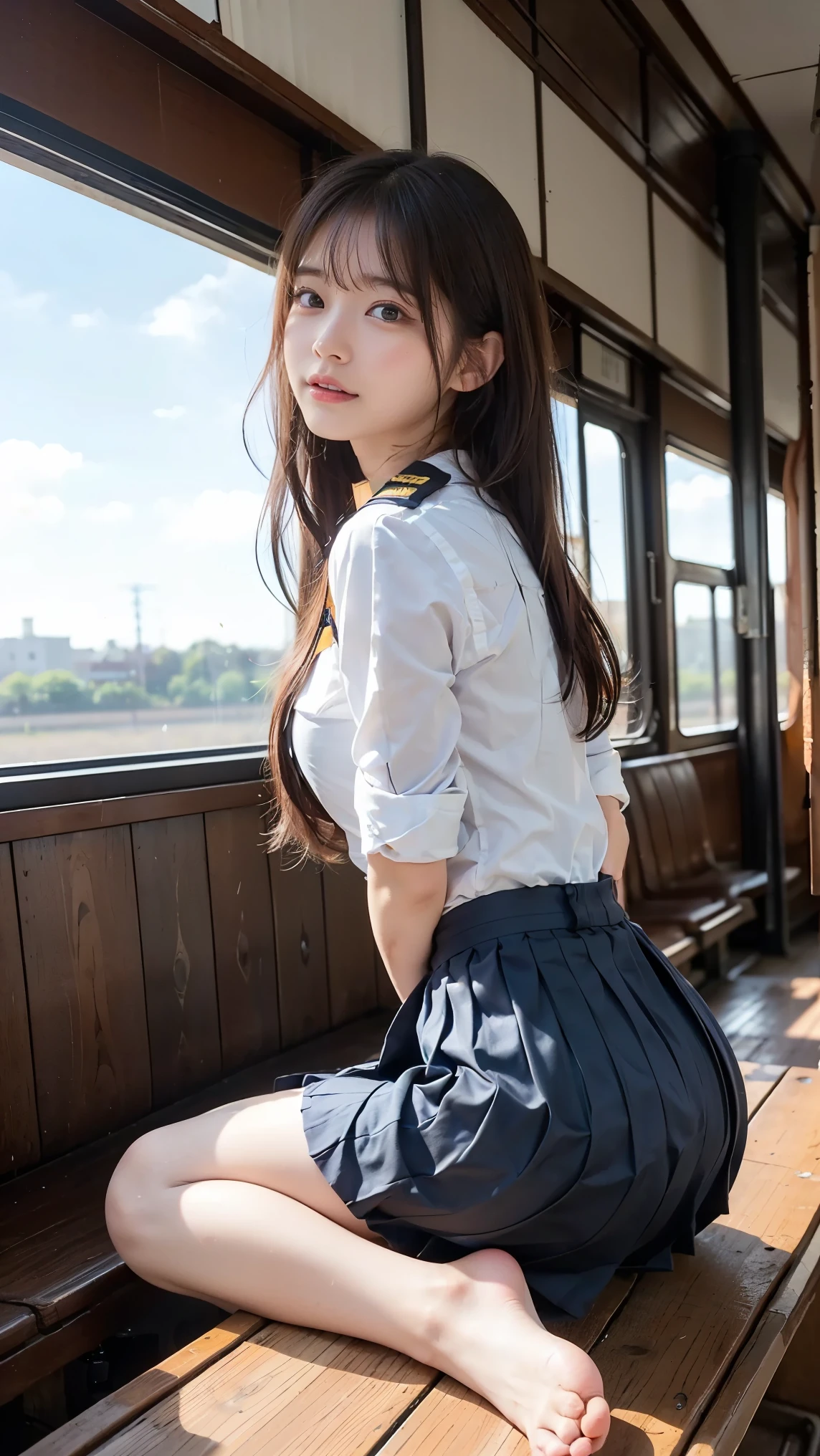 in a hotel room , age 25, on the bed, ((Deep joy、 severe pain 、Ecstatic Eyes :1.2),despair, (( closes one eye 、Take a deep breath:1.2))、 ecstatic face、 Natural Cosmetics , Pretty Woman , white panties that pinch your neck with your leg, looking back at the drugstore, put your butt on the ground, Extend Your Legs, bare feet, Japanese High School Student in Uniform , ( beautiful ass at the old train station :1.2), ( High uniform , pleated skirt :1.3), ( High uniform:1.6), thin and beautiful thighs, looking up from below