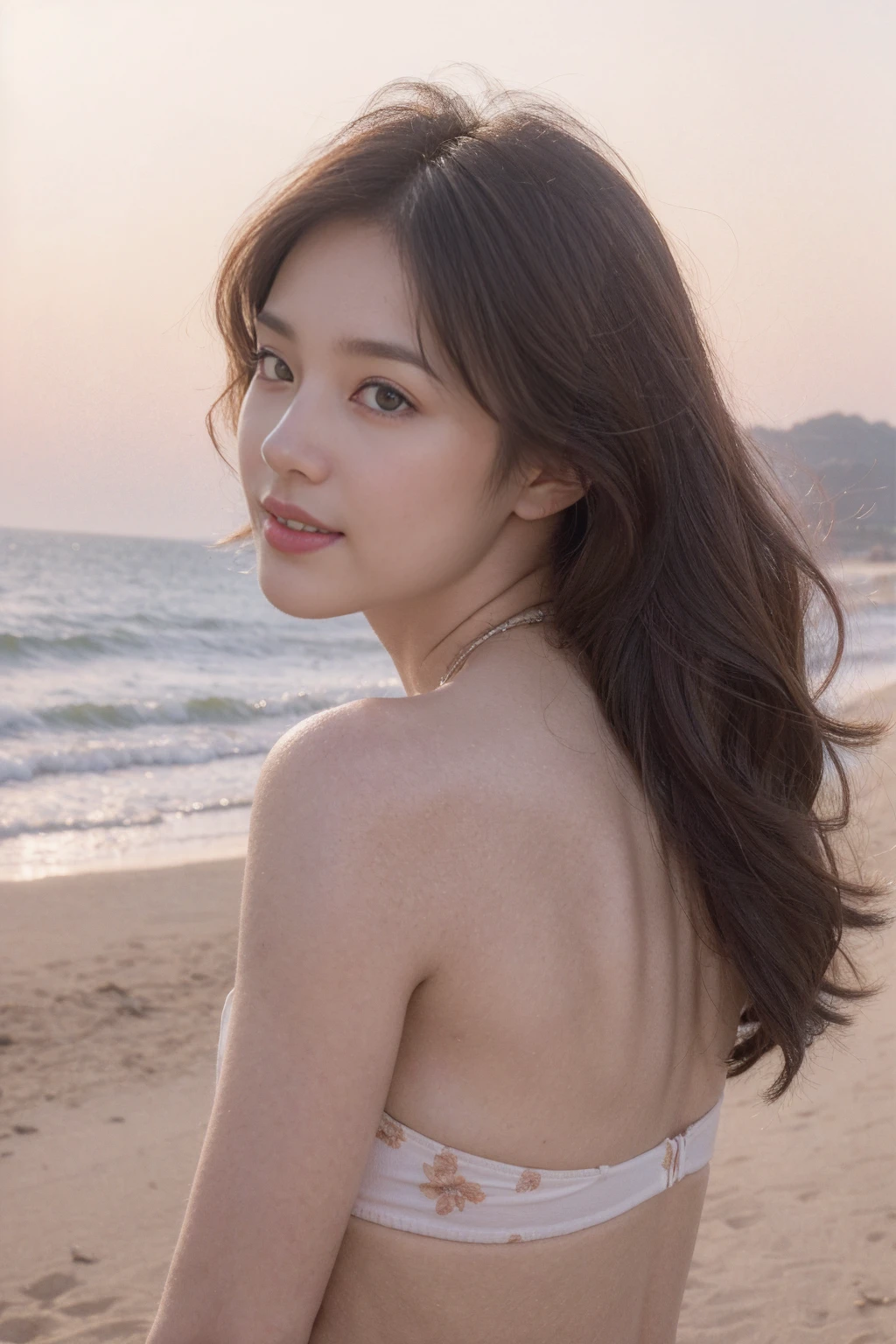 (8K, Raw-Foto, best quality, perfect nude body, masterpiece:1.2),(realistisch, foto realistisch:1.4),(Hochdetailliertes CG Unity 8K-Hintergrundbild),(Rundes Gesicht: 1.5), (detailed student:1.3),Beautiful woman on Baltic Sea beach , whole upper body, nude breasts, pferdeschwanzfrisur, pretty colorful long hanging earrings,(Junge, but very beautiful 22-year-old Korean,Coole Augen, ponytail, short hair, little smile,Blick nach vorn,Blick in die Kamera,Unvergessliche Augen,The eyes are so beautiful.,