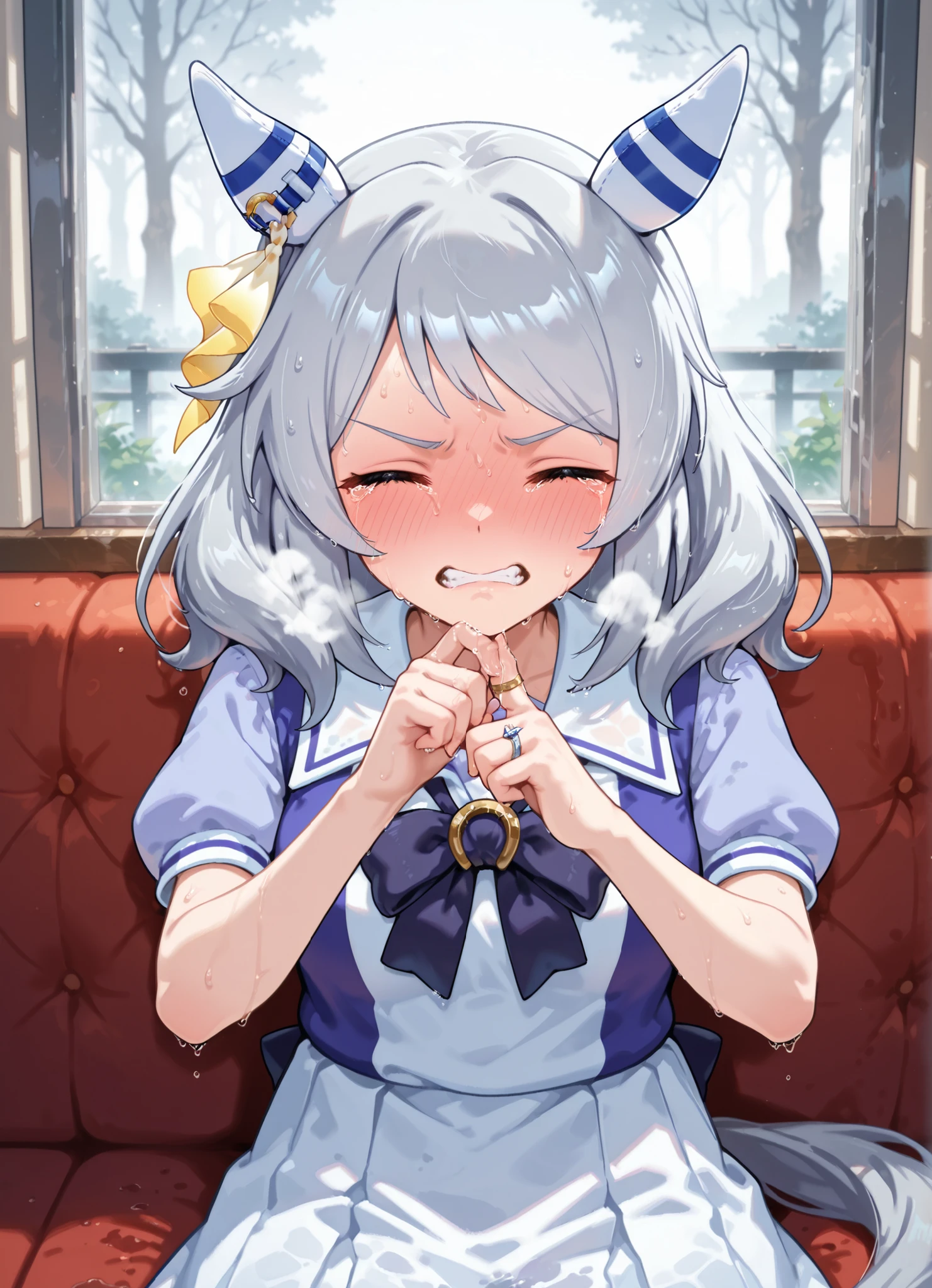 {{{masterpiece}}}, {{{best quality}}}, {{ultra-detailed}}, {illustration}, {{an extremely delicate and beautiful}}, extremely detailed C, anime, Hishi Miracle\(umamusume\), {{{masterpiece}}}, {{{best quality}}}, {{ultra-detailed}}, medium hair, silver hair, wet skin, heavy breathing, breathless, full-face blush, blush, sweat, perspired, fog, breath, heavy breathing, Horse's ears, Horse tail growing, breathless, full-face blush, blush, perspired, embarrassing, anguish, sad, scared, face focus, tears, water eyes, crying, envy, closed eyes, wearing clothes,angry, Gritting teeth, troubled eyebrows, girl is Removing the brown snacks from the own finger,sitting,upper body, girl can't take off her ring,