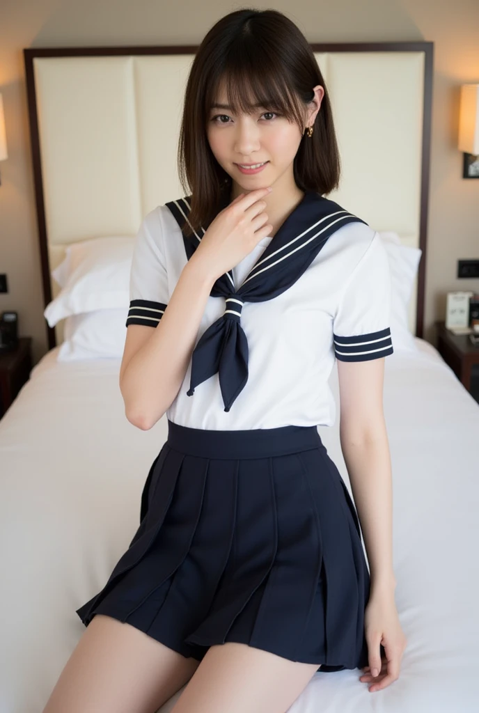 (Super reality:1.2), (digital art, digital illustration, 4k, 8k, Super detailed, beautiful images, clear image, (realistic), (RAW photo:1.3), perfect face, perfect lines, perfect eyes, Accurate body shape,   dark lighting) , 1 Japanese cute girl after school, solo, school uniform, (sailor suit, serafuku:1.3), (short cut hair style:1.3), Beautiful face, amateur girl, sexy gyaru:1.3, ((showing panties)), so japanese young Idol, full chest, slim body style,  (Inside the hotel, American size bed room, Antique furniture),  Precise arms, precise hands and fingers, Beautiful hands and fingers, small smile, Beautiful thighs, (cowgirl position, open legs, on bed), for back side