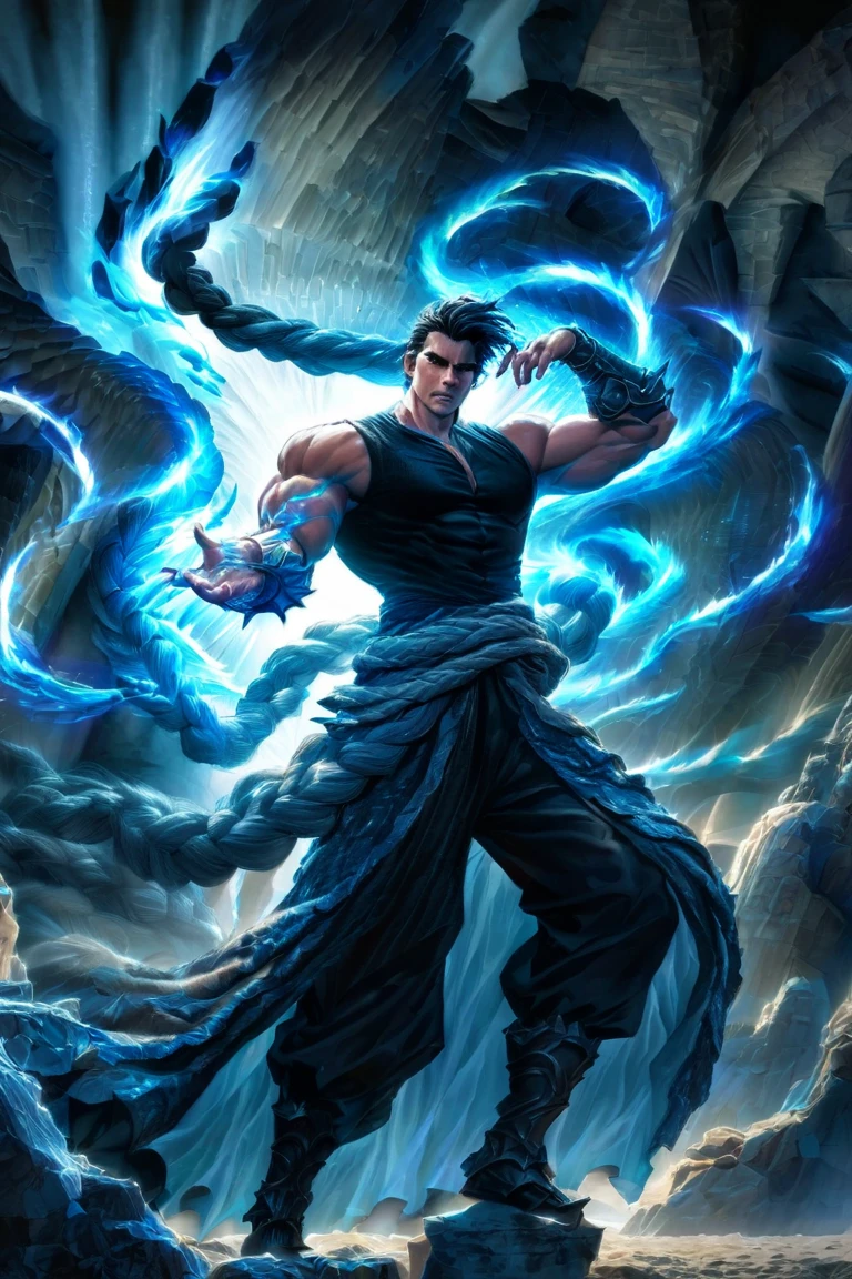 The god of water, in dynamic attitude, unleash the power of water, with whips of water surrounding and whirling out of his perfect body, shirtless. He has wet long silver messy hair and black pants. Dynamic pose, energic, he shouts with determination. Highly detailed.