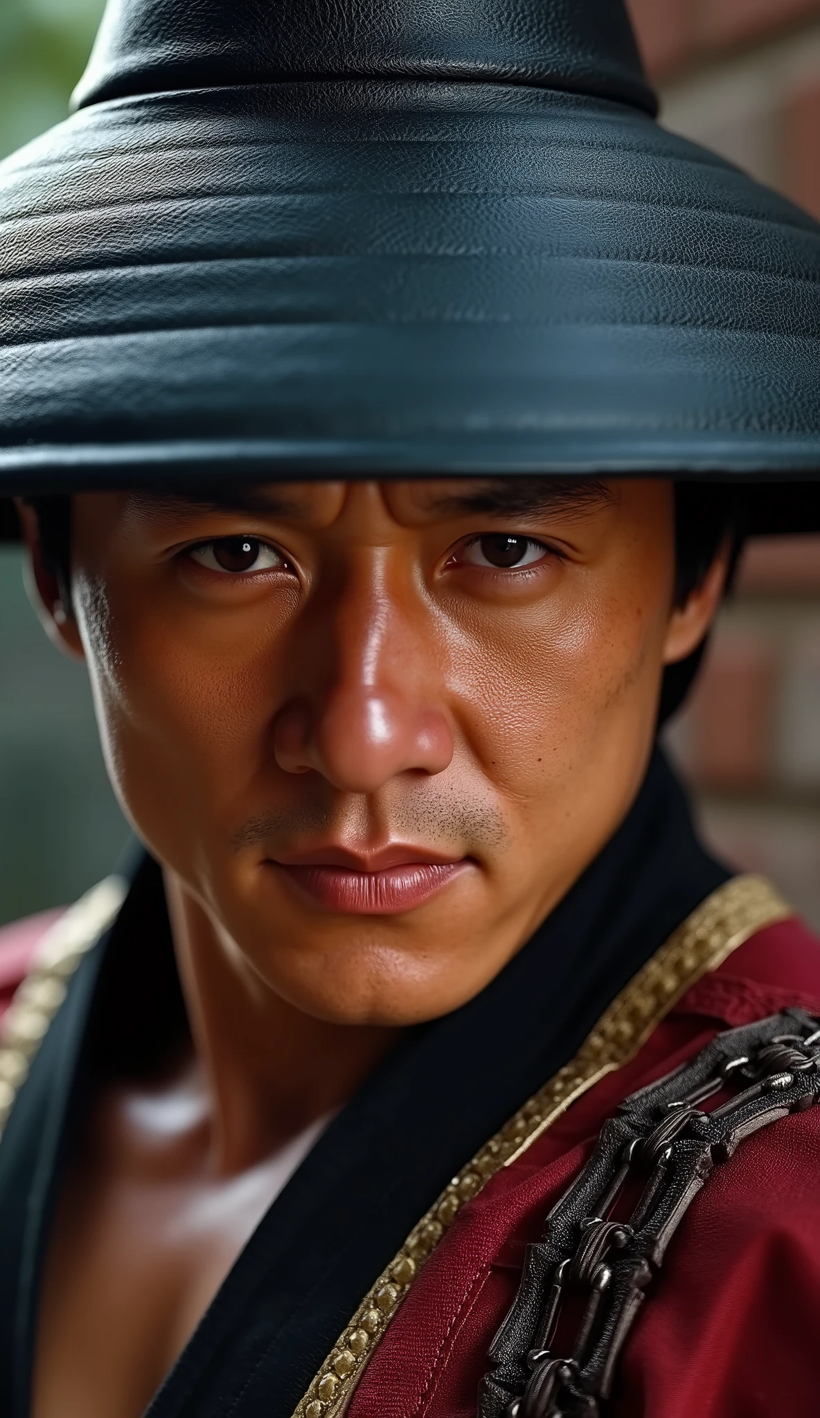 Max Huang as Kung Lao in Mortal Kombat, wearing his characteristic blade hat. The background appears to be a brick or rock wall a hyperrealistic image close up upper body hyperdetailed textures the hyper realistic background of a skull city with 8k textures