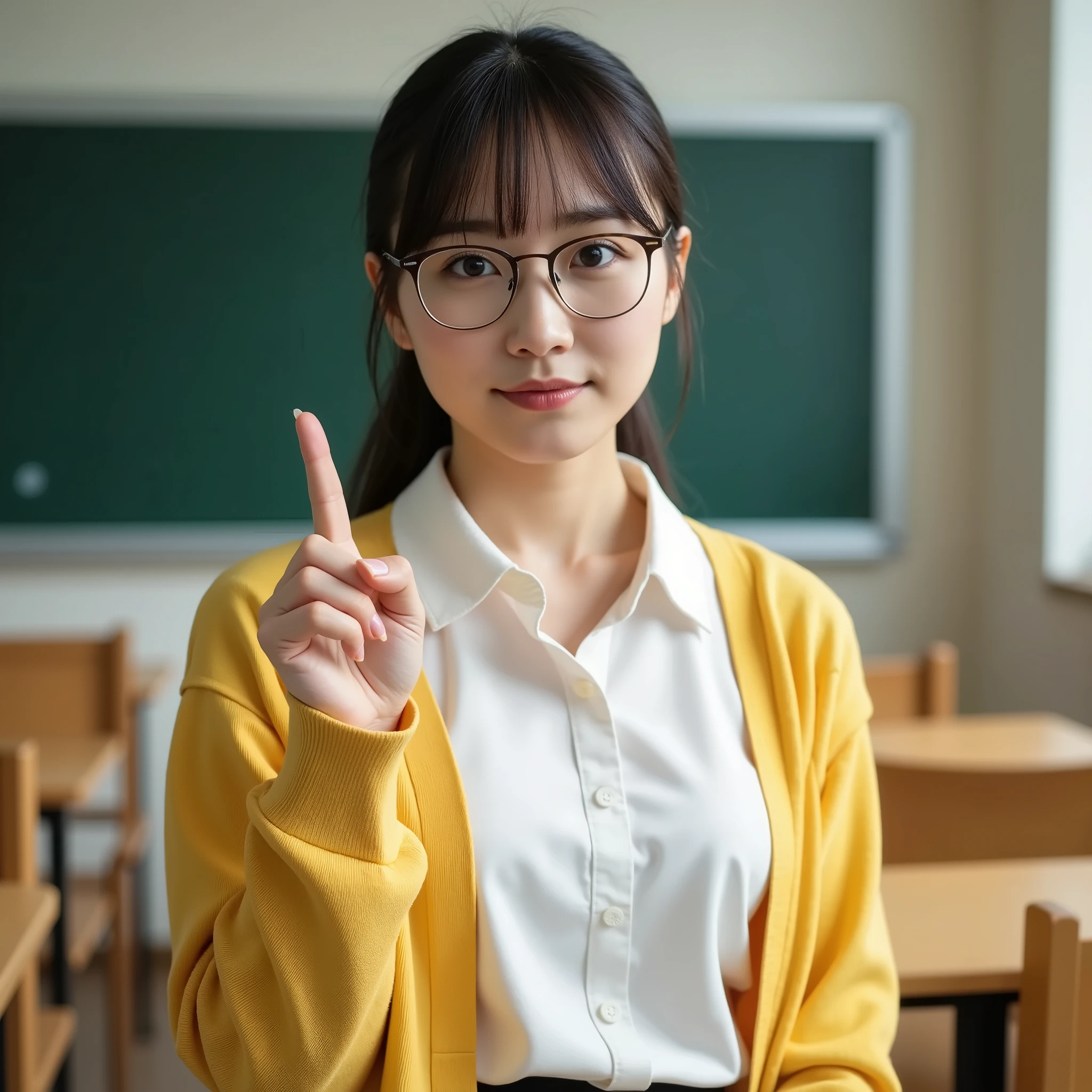 1 Japanese girl:1.3』『Real Photos:1.3』top quality:1.2、(( 40 year old woman))、I'm not wearing makeup『smiling:1.9』、(((is anatomically correct、perfect anatomy、is anatomically correct指)))、realistic, top quality, super high definition, RAW photo, (Saggy big breasts、with a slight cleavage、Narrow waist、pretty big breasts 、Tight Breasts:1.5)、droopy eyes、round face、Classroom、The back is a blackboard and a desk、(((I'm wearing a yellow cardigan、Inside I'm wearing a white v-neck shirt、looking at the camera and pointing my finger at the camera, wears glasses:1.9)))looking at the camera and pointing my finger at the camera、looking at the camera and pointing my finger at the camera
