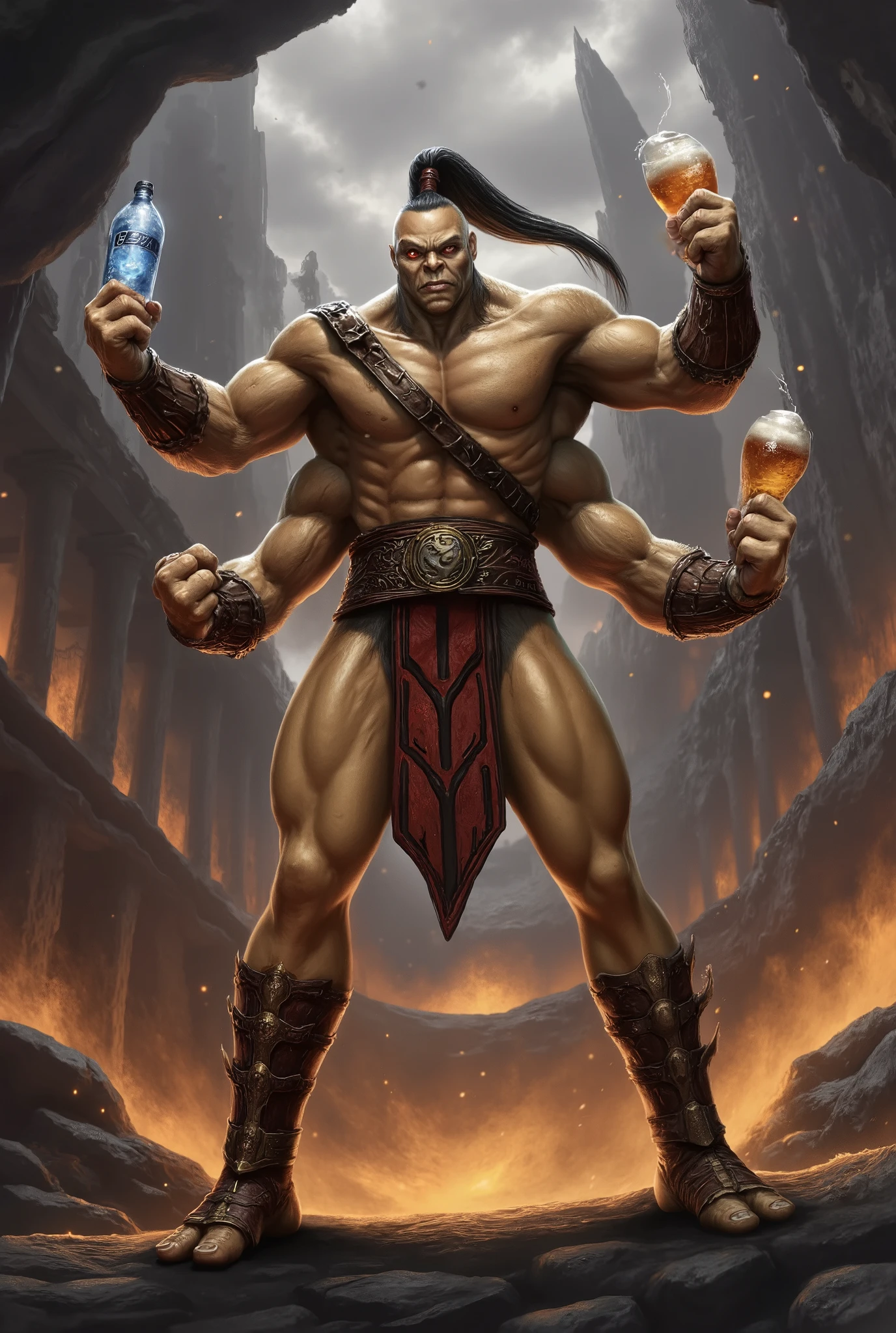 (best quality, 128k,highres,masterpiece:1.2),ultra-detailed,(realistic,photorealistic,photo-realistic:1.37), ((masterpiece)) ((photography)) ((Highest quality)) Ultra-detailed illustration of Goro from Mortal Kombat, standing powerfully with ((four muscular arms)), each hand holding a different beverage: soda, beer, water, and milk. Dramatic lighting, intense expression, background of a Mortal Kombat arena in ruins, cinematic style, hyper-realistic rendering