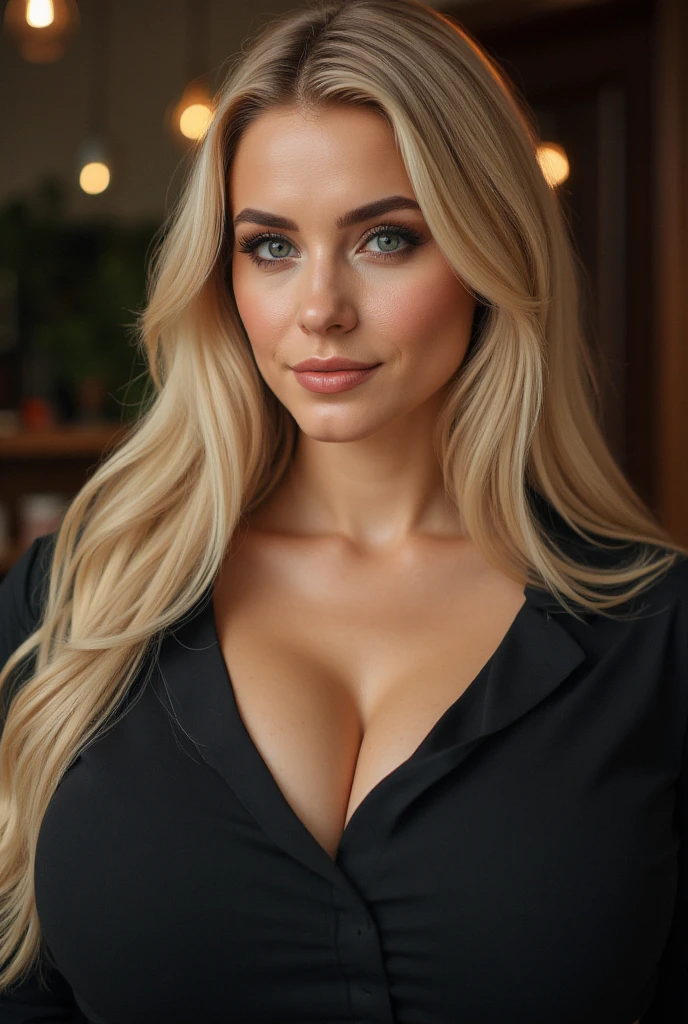 A 23-year-old dark blonde woman, Trained body, (big boobs), ((hyper realism)) ,. dark blonde hair with light brown roots. blond hair, Hair with brown roots, extra long hair, very long hair, really long hair, Nice, (blue eyes), (full lips), small snub nose, (Full body), IN RESTAURANT elegant black shirt, Deep cut, good quality, Decollete, Sexy body,