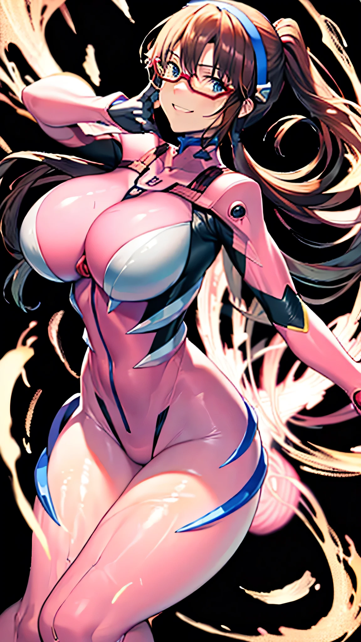 masterpiece, Highest quality:1.2),8k, One Woman, alone,Glowing Skin, 非常に非常にHuge breasts、very thick legs、とてもHuge breasts、Huge breasts、hyperbreasts、Huge Ass、Are standing、Composition from the front、smile、Look forward、Please stand up straight, Turn your body forward、Looking into the camera、Red glasses、Pink bodysuit covering the whole body、Show your side、Tight fitting clothes