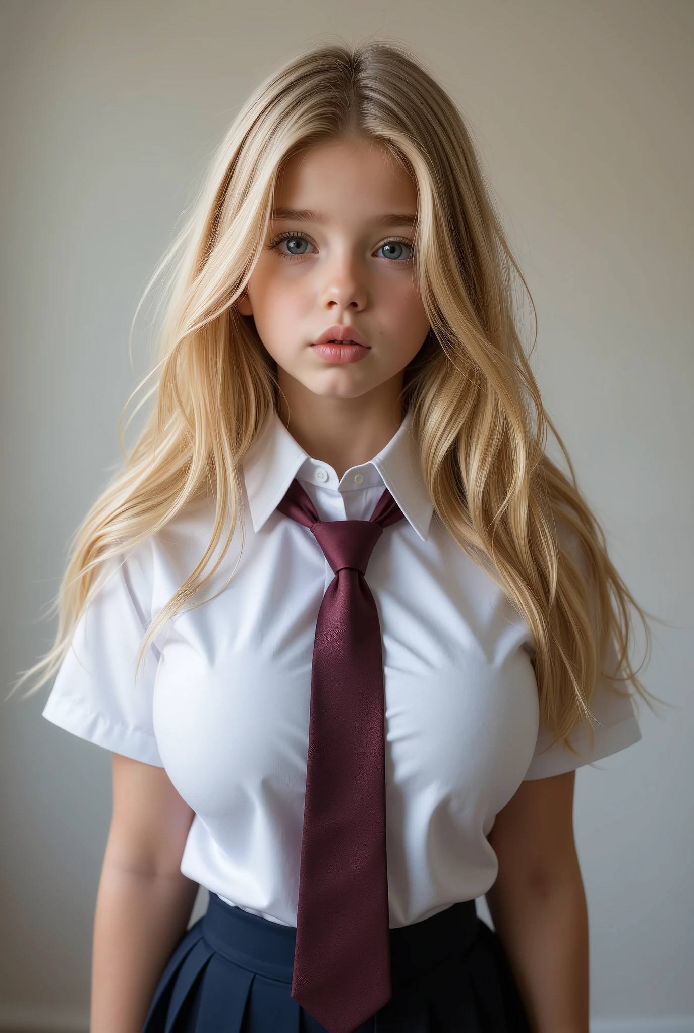 Long shot, Full body, Best quality, (photorealistic:1.4), Masterpiece, Very young girl in a school uniform, Elementary school age, Stunningly beautiful blonde girl, Extremely huge gigantic round cantilevered 32DDD breasts, huge long deep round overflowing cleavage, David Hamilton , Russell James , Amber Asaly , Sony Alpha 7 IV camera , 85mm lens , 32K UHD , ultra high resolution digital image , (smooth digital image) , highly detailed , shallow DOF , Russ Meyer huge breast exploitation style , bustysophie, Lola