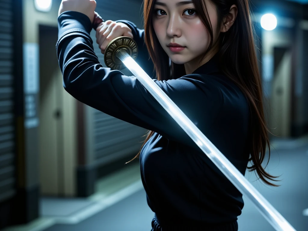 Girl,solo,realistic,8k,highres,perfect face,perfect eyes,perfect body,ultra detailed face,short hair, blue eyes,looking at viewer,large breasts,cleavage,closed mouth, full body, standing wihout clhotes,hold katana sword, use high heels, blur background