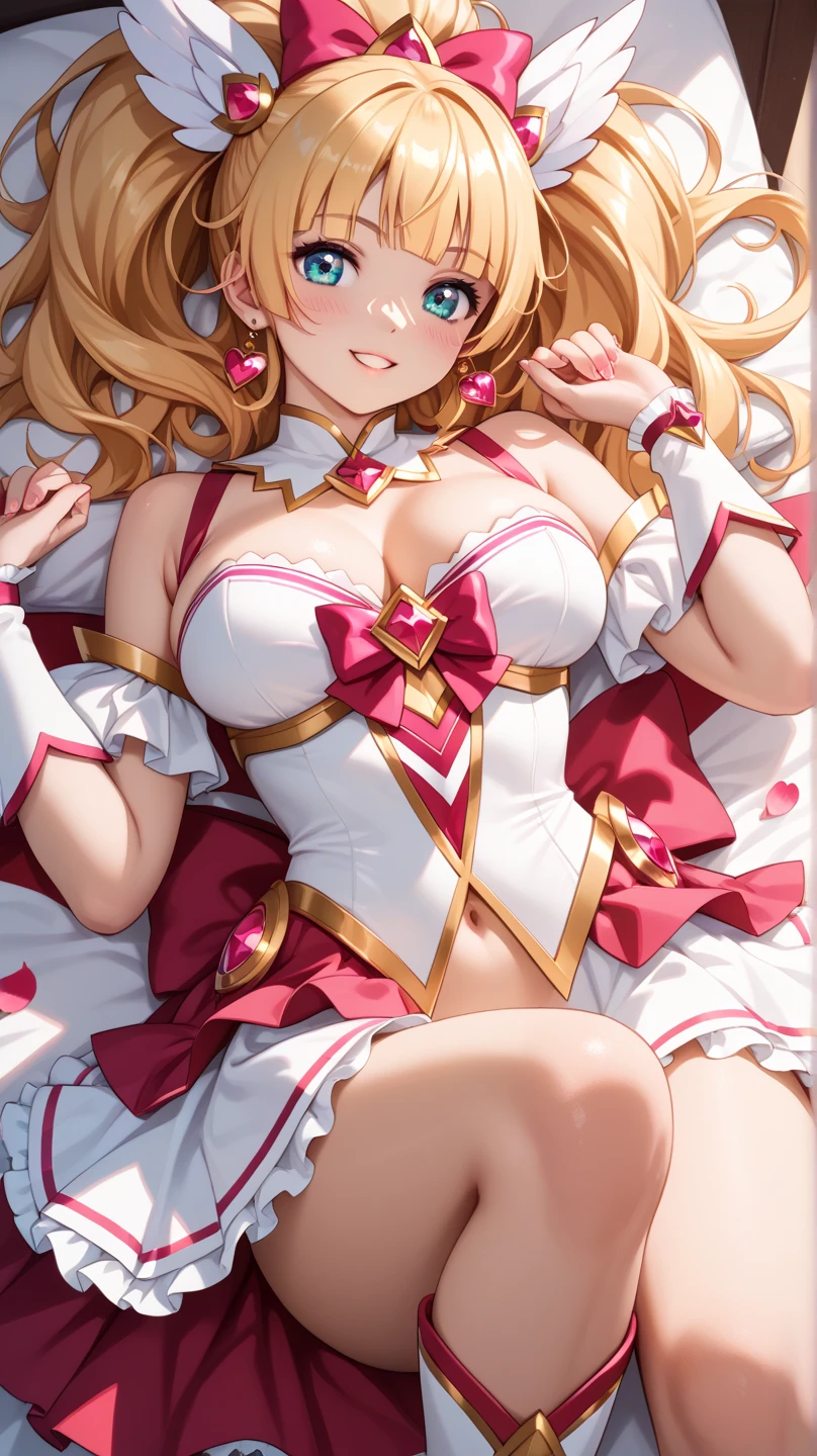 best quality, ultra high res, 1girl, solo, flandre scarlet, white soft hat, red hat bow, blonde hair, side ponytail, red eyes, shiny eyes, fang, red vest, short sleeves, puffy sleeves, yellow ascot, red frilled skirt, (crystal wings:1.2), bobby socks, mary janes, red shoes, laughing, ((evil smile)), looking at viewer, facing front, portrait, huge breasts, cleavage