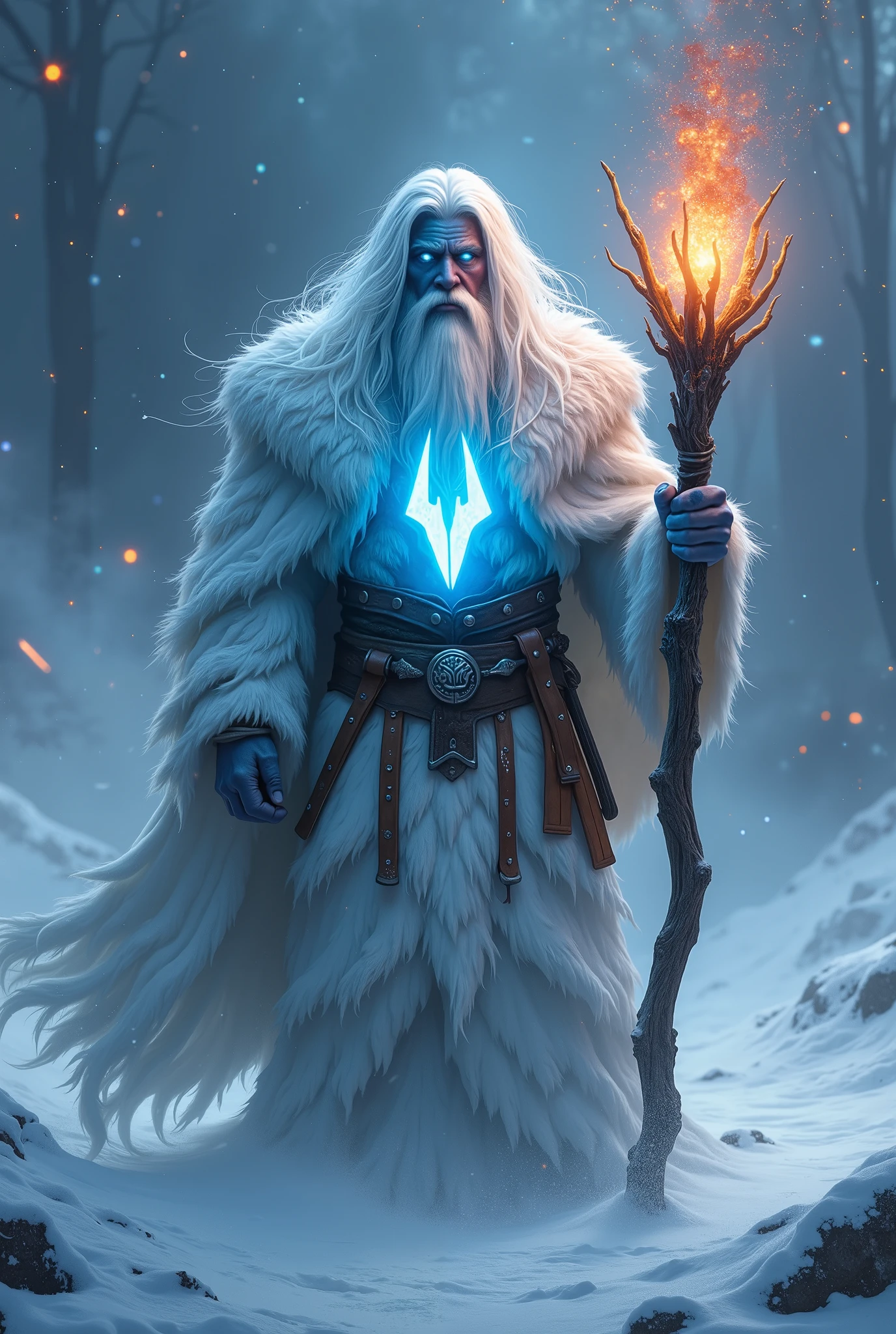 in the center of the image, we see an elemental wizard, with a majestic and powerful presence, emerging from a snowstorm. He is surrounded by an icy environment, where snow covers the ground and the sky is obscured by charged clouds and moving flakes. There are also red sparks floating through the air, as if fire were trying to invade the ice domain.
Character's Appearance:
Cabelo: Longo, despenteado, completely white, flowing with the wind. It exudes an aura of ancient and wild power.
Face and Skin: His skin is of a luminous light blue tone, as if it were made of ice or arcane energy. Her eyes shine with an intense blue , without visible pupils , transmitting wisdom and mystical force.
Traje: She wears a white robe, partially torn at the tips, surrounded by a cover made of thick fuzzy fur, wrapped in the appearance of an arctic animal. There are details in black and blue, and leather straps that hold parts of the costume. Elements such as straps and belts reinforce your warrior look.
Peitoral: In the center of the chest , there is a brilliant magic symbol, shaped like two "V"The mirrors, that radiate a bluish light, suggesting that it is the source of its power or an arcane artifact.
Weapons and accessories: He firmly holds a rustic staff made of dark, twisted wood. No topo, there are glowing red-hot fragments, through small orange flames. This creates a beautiful contrast with the freezing climate, symbolizing perhaps the dominance of two elemental forces: fogo e gelo.
Ambiente:
The ground is covered by a thick layer of snow, with swirls around your feet.
The sky is dark and dense, with blizzard and glowing particles crisscrossing the scenery, as if a battle of magic were about to begin.
The blue light from his body reflects softly on the surrounding snow, creating a divine or heavenly aura.