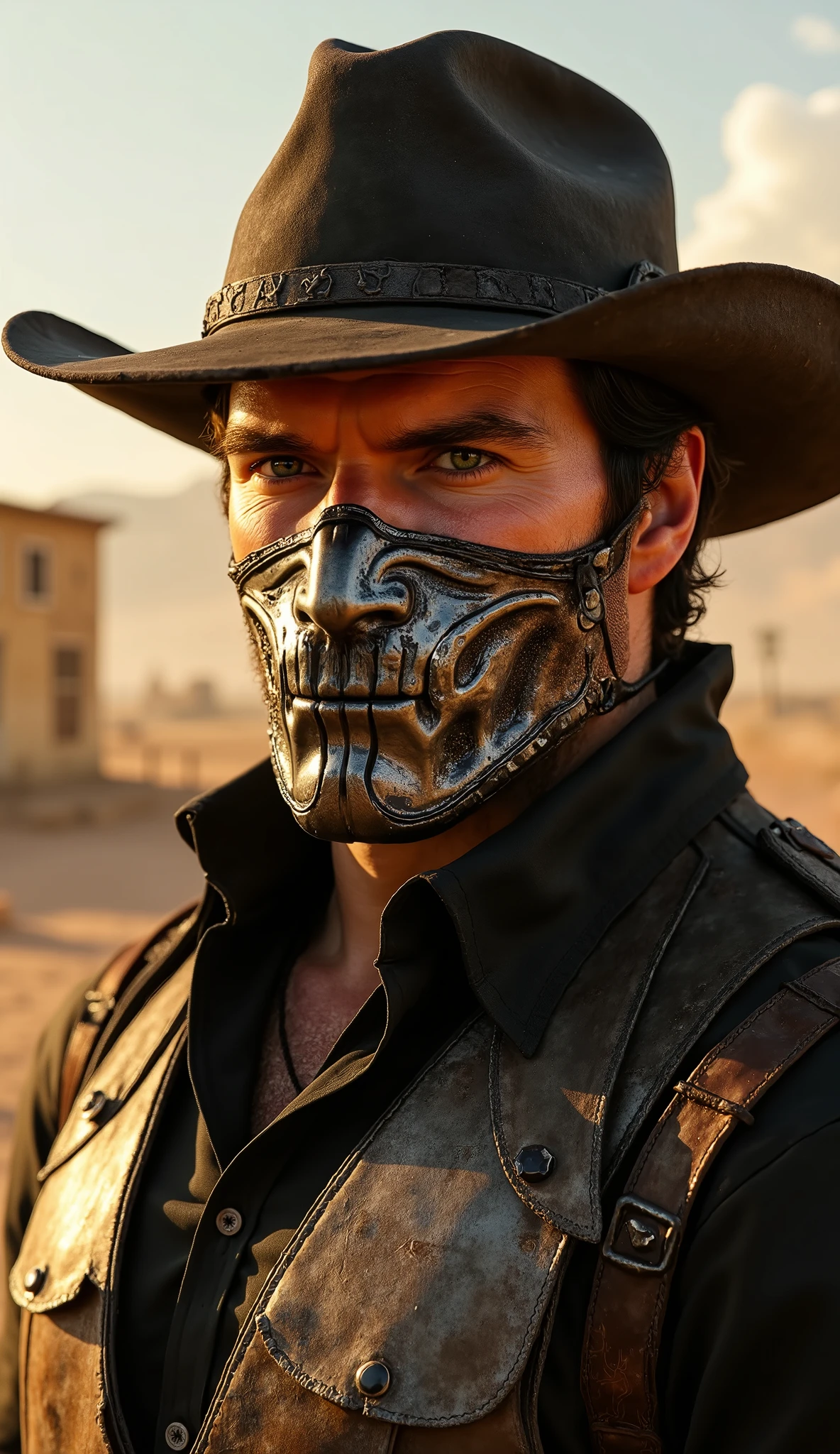 Here's a detailed warning to generate a super realistic image of Flux Henry Cavill as Erron Black, with a hat and a shiny metallic mask, focus on the upper body: "Close-up hiper-realista de Clint Eastwood como Erron Black, The ruthless gunslinger of * mortal kombat*. He is in a cold and calculating pose, with a determined and threatening expression. Erron Black wears his iconic cowboy costume, with shiny metallic details that reflect light amazingly. He wears a dark cowboy hat and a metallic mask that covers part of his face, with intricate details and brilliant reflections. The focus is on the face and upper body, highlighting the texture of the skin , the metallic reflections of the mask and the details of the costume. The lighting is dramatic , with warm tones and strong contrasts between light and shadow, creating a cinematic effect . The bottom is realistic , desert scenery , with warm lights, dust in the air and elements of a western environment, like an abandoned city and uses posters, adding an intense and immersive atmosphere." This prompt should guarantee an incredibly realistic and detailed image, focus on the upper body do Clint Eastwood como Erron Black, with a hat and a shiny metallic mask, against an impressive background!