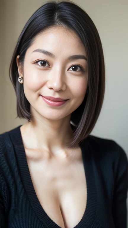 portrait, 8K, high quality, realistic photo image, 39 years old, Japan woman, neat and clean wife, small, housewife, reproduce natural and realistic eyes, Japan person stand, small, beautiful black hair, short hair, light makeup, octane rendering, beautiful lighting, golden ratio composition, smile, everyday wear, casual clothes, natural background, blurred background, 4k, high quality, realistic photo image, Japan woman, 37 years old, pure Japan face, lovely wife, upper body, small breasts, light makeup, suppin, neat beauty, mature woman, sober clothes, gray, beige, blue, sober, casual attire, smile, black hair, small black eyes, background blur