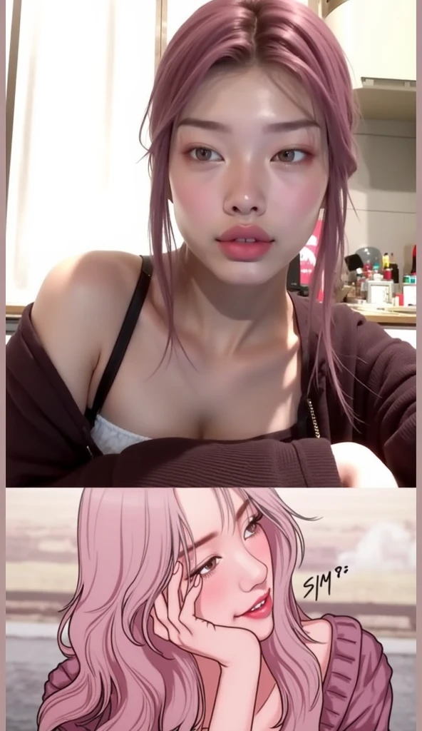 Sexy woman, blushing hard, red makeup, hands pinned to the side, lying on bed, head on pillow, facing up, pinned, playful turned sexy, mouth parted, eyes looking at lips, very sexy and hot,  figure, loose t shirt, midriff, abs 