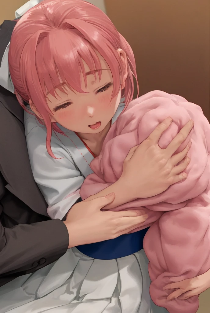 masterpiece, best quality,anime style, 1 girl,(((slender body))), (((small breast))), ((((breastfeeding a baby monkey)))), (((breast milk))),(((blue blazer,white shirt,pleated skirt,blue tie,black pantyhose,bra))),((((cum)))), (beautiful face), (((short hair))), (((straight hair))), ((((pink hair)))),detailed beautiful skin, (perfect hands, perfect anatomy),scream