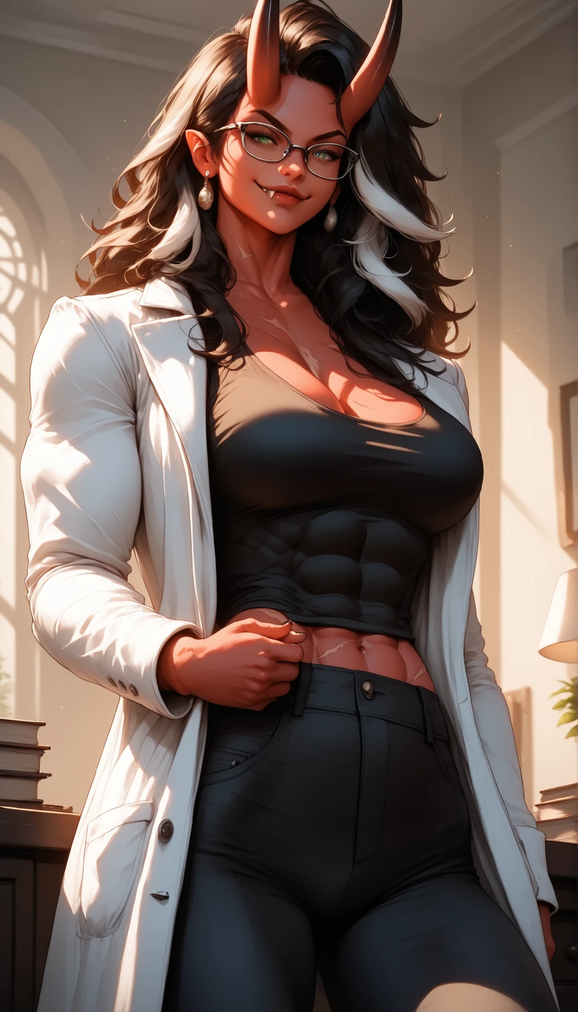 office_background, dim_lighting, red_skin, (muscular_female:1.3), muscular_arms, long_hair, black_hair, white_highlights, glasses, oni_horns, fangs, (smirking:1.2), green_eyes, huge_breasts, scars, lab_coat, black_shirt, black_pants, standing, solo, 1girl, full_body, detailed_face, sharp_jawline, (high_nose_bridge:1.2), (pouty_lips:1.2), full_lips, soft_skin, refined_cheekbones, glowing_skin, arched_eyebrows, visible_philtrum, low_angle, (masterpiece:1.2), (best_quality:1.2), ultra_detailed, 8k, watercolor, cinematic_lighting, volumetric_lighting, rim_light, soft_shadows, ((forced_perspective)), (Diminishing_scale_perspective:1.3), (lora:Yandere Queen:0.85), (lora:SDXL high detailed. LoRA_SDXL_ARW_0010:0.75), (lora:Waifu Eyes:0.5), (lora:NKxXmo's Shaded Face:0.5), (lora:NoobAI-XL Detailer:0.6), (lora:Detail Tweaker:0.65)