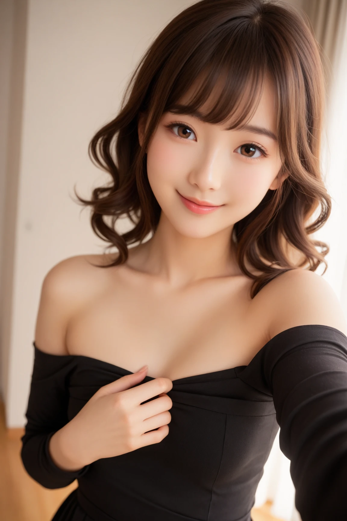 situation: In an elegant indoor studio、clothing: A beautiful woman in a black off-the-shoulder dress、Pause: Raise your hands above your head、Looking up at the sky with a smile full of freedom。expression: A happy smile。Hairstyle: Long Wave。(16k, RAW Photos, highest quality, High resolution), High-definition RAW color photos, Professional photos, (Layered silhouette: 1.2), Complex patterns, (Realistic, Photorealistic: 1.3), (Japanese Girls), Big Breasts、Very firm breasts、are not drooping、The cleavage is visible。Too much exposure、(NSFW)、Shine、(Detailed face: 1.2), (masterpiece: 1.5),Fine-grained beautiful skin, (cute: 1.2), (sexy), (highest quality: 1.2), (One girl: 1.3), (solo, soloフォーカス), A completely normal human body type, A depiction of a woman that is faithful to human anatomy, A representation of a healthy, balanced and vibrant woman。Too much breast exposure。
「No deformed or unnatural body parts」No missing limbs。Normal number of heads, limbs。Head, limbs, and thickness are normal for height。The number of heads is one。Body length is anatomically normal。