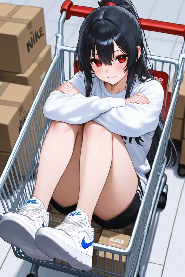 (masterpiece, exquisite beautiful eyes: 1.5), masterpiece ,1 girl,cute girl,(Beautiful red eyes),small breasts,hoodie, insidebox, boxrelaxed, in box, in container, inside cardboard box, box with packing peanuts