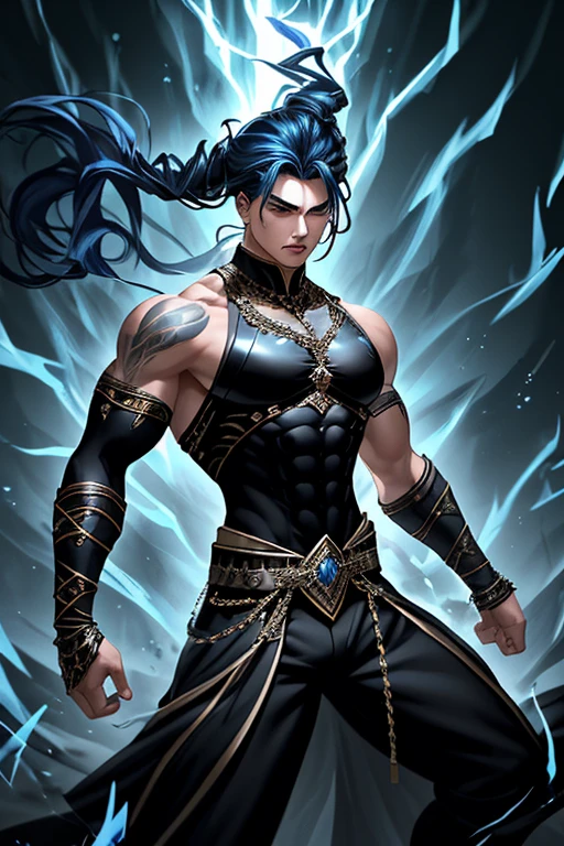 Young man of 1.65, (Black long hair swept up), (detailed eyes, shining eyes) , with a muscular and athletic body, (covered in scars), (monkey tail), (wearing armor on his torso that covered the area of his abdomen back and chest), (shoulder pads and white gloves and a short-sleeved second-skin shirt and wide black pants).