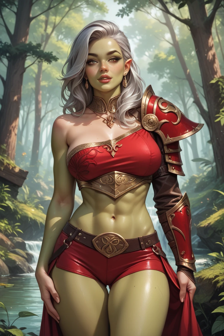 far shot from below, leather collar (Best quality, 4k, Masterpiece :1.3) full body standing symmetrical beautiful woman, hyper realistic, 1girl (drooping breasts, attractive body :1.2) sit-ups :1.1, short red hair: 1.1 (wet rainy, wet by rain, wet body :1.2) ultra-detailed face, detailed lips, detailed eyes, double eyelid, low-necked dress, open neckline, hanging breasts, side pose, visible curves, pool , poolside, red transparent robe, red sunglasses, muscular turned arms behind body, leather collar, golden bracers