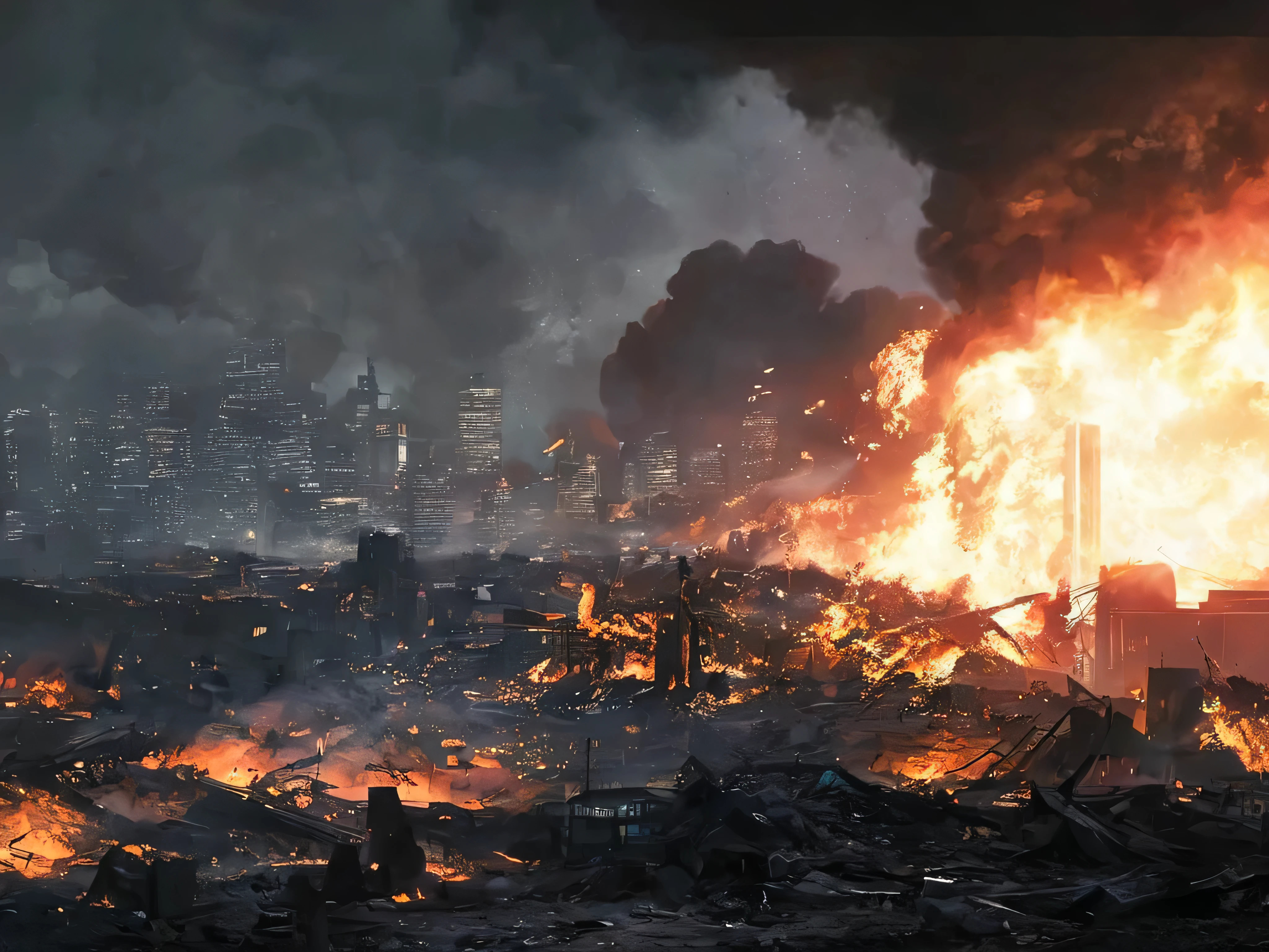 It's night. The sky is covered in smoke and ash. The city is completely in ruins and extremely realistic. I want a view of the city from ground level. The viewing angle has to be as if I were on the ground looking at the ruins of Metropolis. Viewing angle from the ground of Metropolis. It is destroyed, lots of rubble and fallen rocks, rubble, lots of smoke, fire and sparks of fire. Battle scene and everything destroyed. It's almost night and the sky is almost dark due to the black smoke from the fire blocking the moonlight. Totally realistic city of Metropolis. Digital art, illustrative, pictorial, matte painting, highly detailed and realistic. High resolution and highly realistic and detailed.