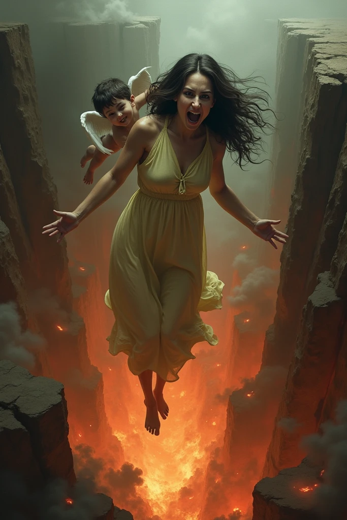 Colored drawing of a screaming woman and children being magically pulled into a vacuum cleaner
