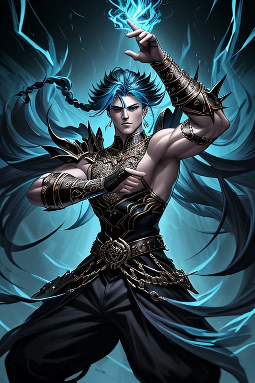 ((Best Quality, 8K, Masterpiece: 1.3)), A seductive and virile figure of Hades, with ((perfect blue eyes: 1.3)), long black hair, white skin and a perfect face, ((his black horns a sign of his power: 1.3)), stands tall with a perfect body and body proportions, Holding a bident, all rendered in a unique and creative style, all rendered in a detailed and high-quality style, ((Detailed rendered eyes:1.3))