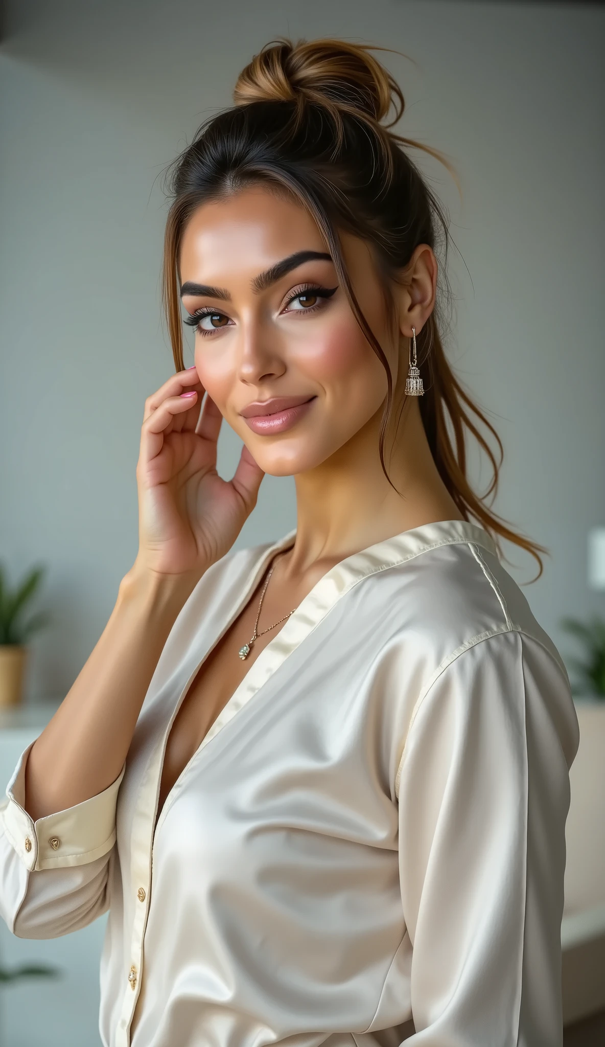 A 30-year-old woman standing sideways looking straight ahead but with her body turned to the side in a modern, elegant office with a confident expression. She has brown hair with blonde highlights and is wavy in a deconstructed bun, is wearing an off-white outfit and wears necklaces, which add a refined touch. One of her realistic hands gently touches her face. The background is simple, light gray, highlighting the woman's sophisticated and professional look. The lighting is soft, creating a natural highlight effect. The photo is more of a face shot.