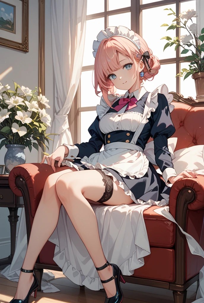 1 person, , alone, lift your legs, 长长的hair, skirt, tangerine_hair, maid_have, clock_Please step back, clock_Location_Looking at the audience, 前hairを通して, black_lift your legs, Blushed, black_skirt, He is himself, short_sleeve, Clothes_lift, wrist_Arm cuffs, Deco, skirt_lift, not a big deal_, lifted_past_Manifest yourself, The translucent liquid_Location后面, maid, fluffy_short_sleeve, Side Lock, fluffy_sleeve, crop_superior, dull_前hairを通して, , awaGo outh, not a big deal腿, black_have眼睛, chair, Kneel, Frills_skirt, _Go out, Location室内, window,