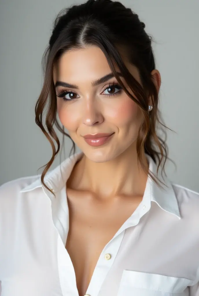 portrait of nyv13st3ph4n woman, posing on a office, glass window, serene and warm, natural lighting, soft focus, high-resolution, elegant and introspective atmosphere, quiet sophistication, wearing a white shirt all buttons closed, slight smile, makeup

