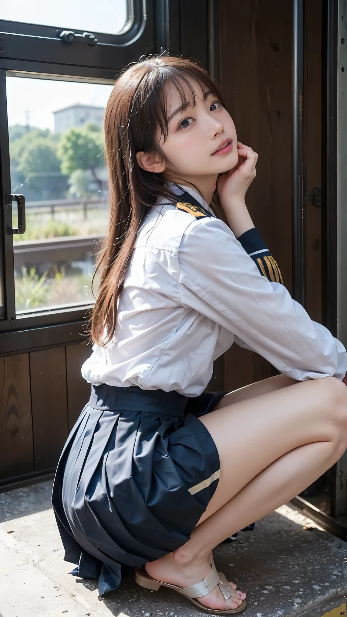 in a hotel room , age 25, on the bed, ((Deep joy、 severe pain 、Ecstatic Eyes :1.2),despair, (( closes one eye 、Take a deep breath:1.2))、 ecstatic face、 Natural Cosmetics , Pretty Woman , white panties that pinch your neck with your leg, looking back at the drugstore, put your butt on the ground, Extend Your Legs, bare feet, Japanese High School Student in Uniform , ( beautiful ass at the old train station :1.2), ( High uniform , pleated skirt :1.3), ( High uniform:1.6), thin and beautiful thighs, looking up from below