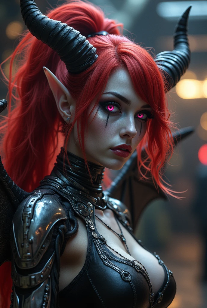 Queen of demons, she has big horns, she has a very beautiful face but its somehow terrifing, with red eyes and a very evil look, totally clothed with black dress and she has a very big sword that emanets red energy