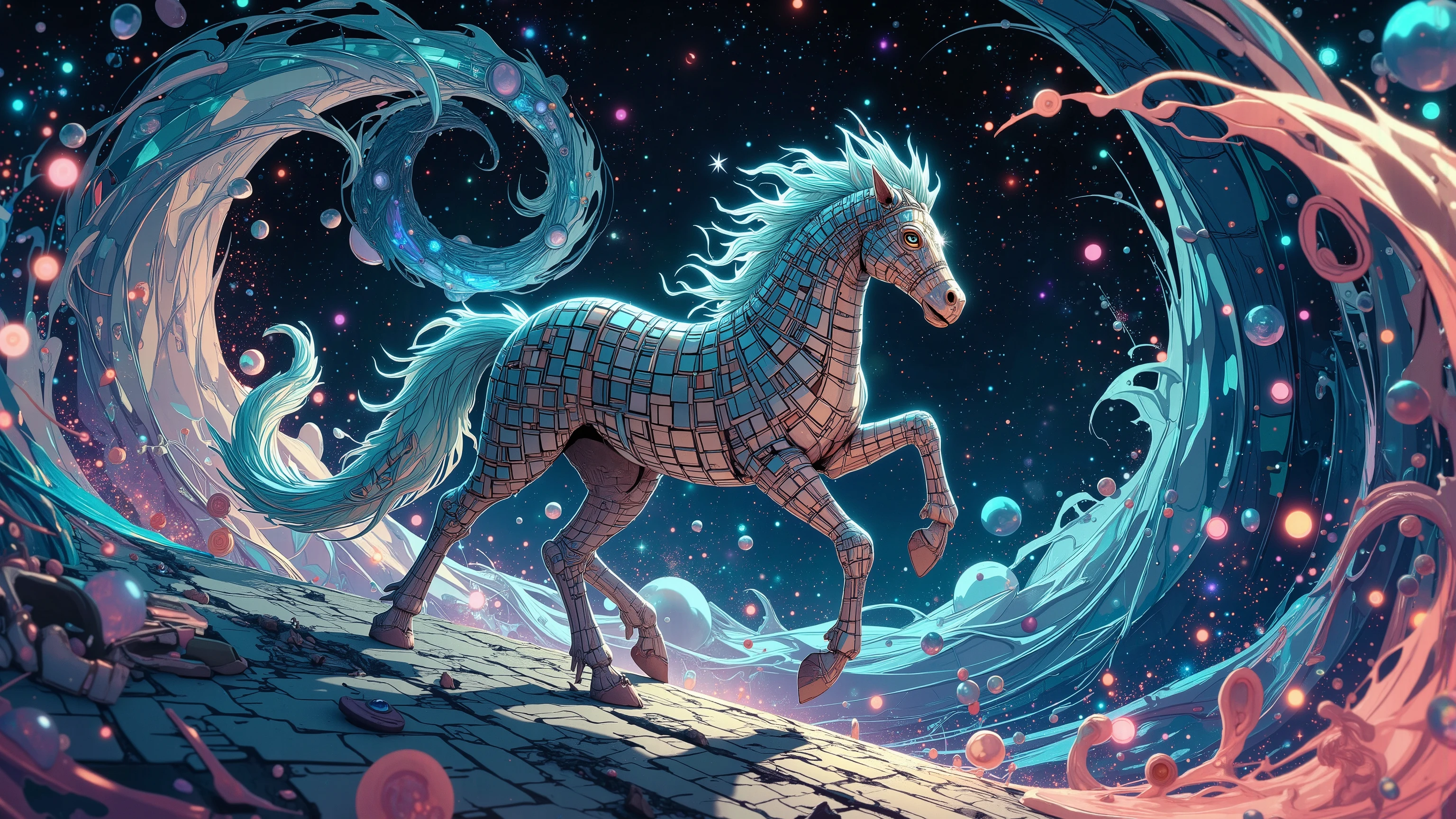 a (galaxy space seahorse) made out of fractal rectangles, galloping through space on a trail of stars, through a psychedelic space scene with vibrant spiral galaxies, fractal rectangles. Warping space in waves of imagination. UHD, HDR, 16K, masterpiece, award-winning