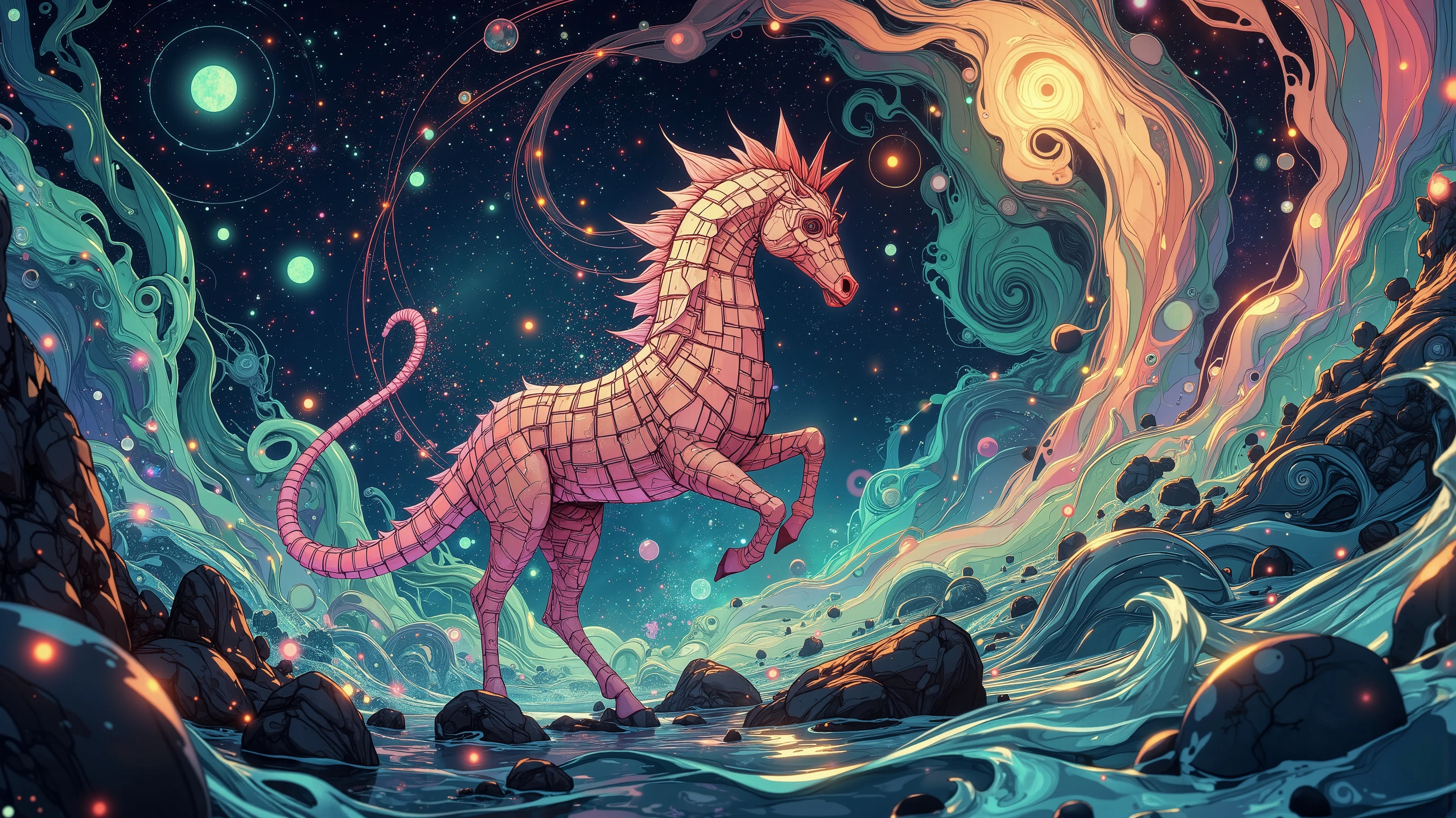 a (galaxy space seahorse) made out of fractal rectangles, galloping through space on a trail of stars, through a psychedelic space scene with vibrant spiral galaxies, fractal rectangles. Warping space in waves of imagination. UHD, HDR, 16K, masterpiece, award-winning