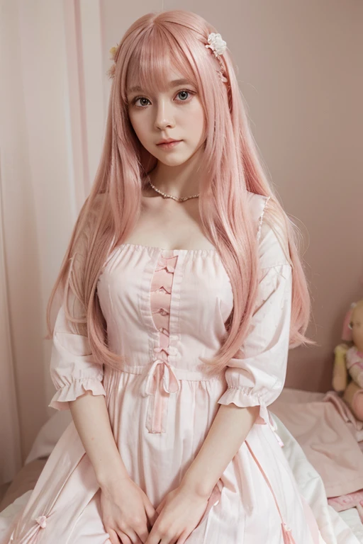 Pink dress,white skinned,brunette color hair,long whitr hair,Home,hyper realisitc,high-definition picture quality,Need,tmasterpiece
