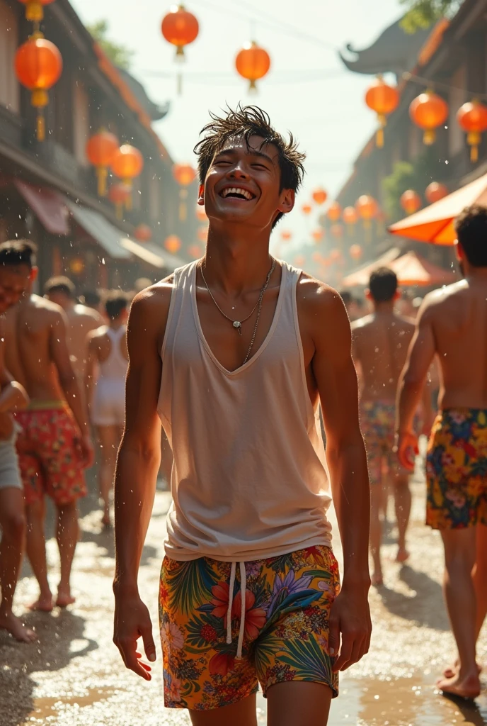 Japanese,25-30 years old , Masculine and handsome, the weather is summer,Wear summer sex clothes,For example, vest(Super detailed, Realistic, best quality, 4K, 8k, High resolution, masterpiece:1.3)The background is Bangkok, Thailand,It's the Water Splashing Festival,wet,happy