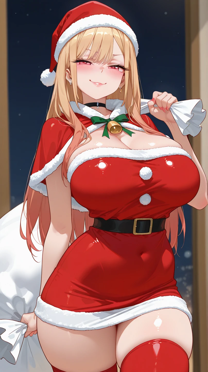 ((Best Quality)), ((Masterpiece)), (detailed), 1 girl, Pastel yellow hair, wide, hair covers one eye, purple eyes, big breasts, big thighs, I expressed smiling, Open mouth, blush, christmas costumes, at home