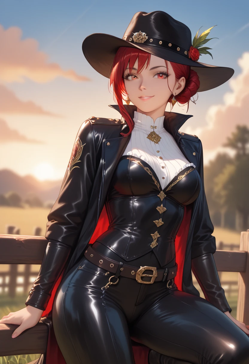 masterpiece, best quality, hulkenberg, ascot, cleavage, black shirt, black jacket, black pants, cowboy shot, from side, surprised, looking at viewer, sunset, seaside <lora:hulkenberg-nvwls-v2-000012:0.9>