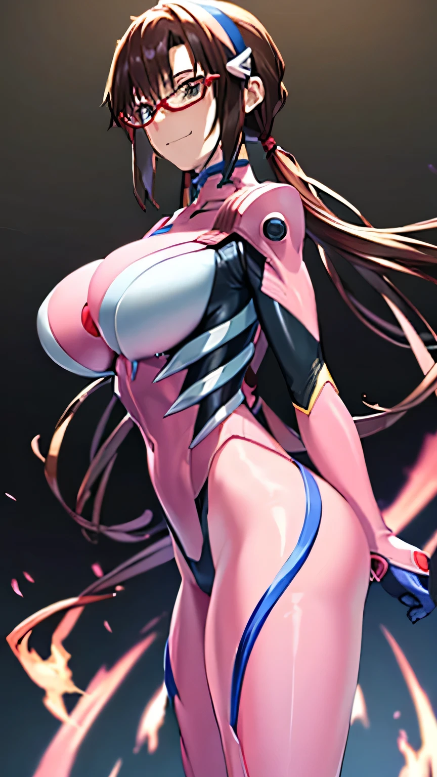 masterpiece, Highest quality, 1 person,( Large Breasts,Are standing, View your viewers,),Detailed Background、A person who writes in detail、Accurate human body、Knowledgeable person、Accurate 5 fingers,Mature Woman,Thick thighs,Curvy Body,明日香,impossible bodysuit,pink bodysuit,blue eyes,very long hair,brown hair,