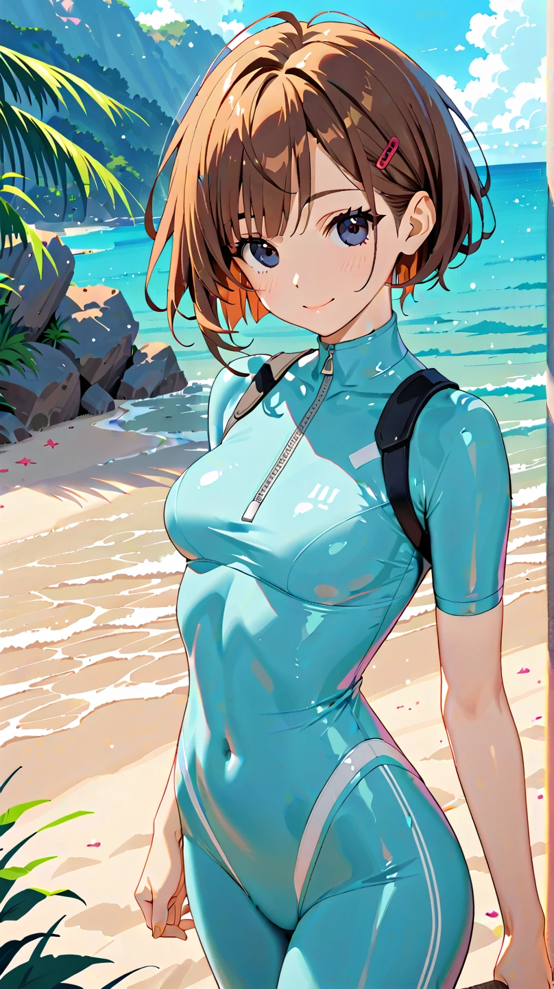 Highest quality, masterpiece, Ultra-high resolution, (Realistic:1.4), RAW Photos, Intricate details, Big beautiful eyes, Perfect contours, masterpiece, One Girl, ((Junior high school student)), Braided Bob, (aerial view:2), (perky breasts:1.5, high breasts:1.5), (curvy waist:1.5), Competitive swimmer, (one piece:1.5, turtleneck,Sleeveless swimsuit, Tight leather boots), ((Metallic Green Swimsuit:1.5)), ((tight high leg swimsuit:1.5)), ((shoot from behind:2, looking away:2)), Portraiture, ((Standing on the edge of a cliff:1.5, Hesitant to jump:1.5, Incredibly high sheer cliffs:1.5, Stand at the highest point overlooking the surrounding area, peer down the cliff)), (Anxious expression、His mouth is twitching with fear), Wet Skin, (Underarm)、Nothing in my hands、