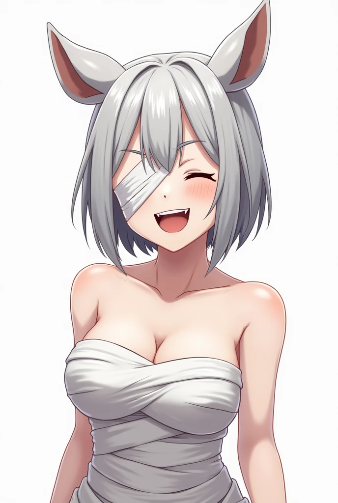 Cute girl, short gray hair, black eyes, smile, big breasts, short pants, ostrich costume