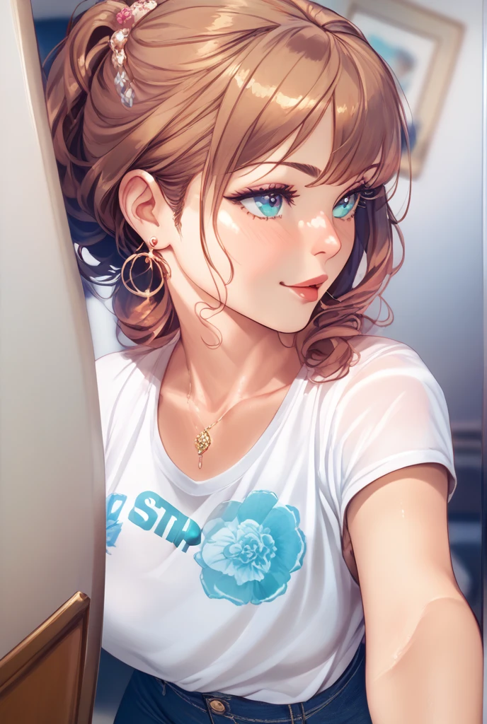 hair in a high ponytail, crystal blue eyes, sassy 25 years old,  busty, cleavage, blouse unbuttoned , skirt, standing, coy smile,  open parted lips, (blushing:1.3), looking invitingly at the viewer, facing the viewer, livingroom background, leaning forward on table, (pov), glowing eyes, necklace, earrings, nsfw, 
