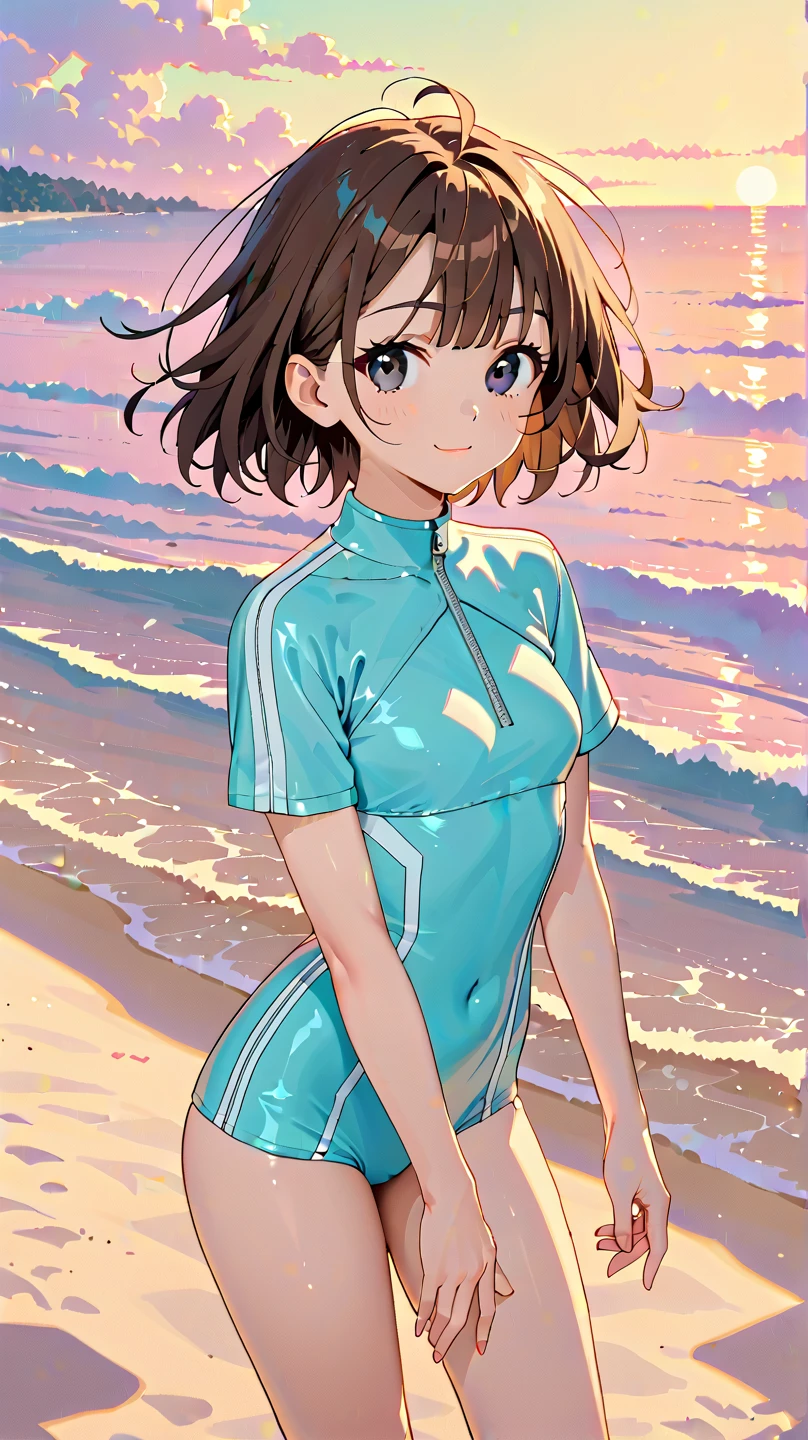 highest quality、Realistic、female、zoom、Chestnut Hair、Turquoise Eyes、short hair、athlete、muscle、Swimwear、smile、Ocean、Looking down、、Bust Shot、