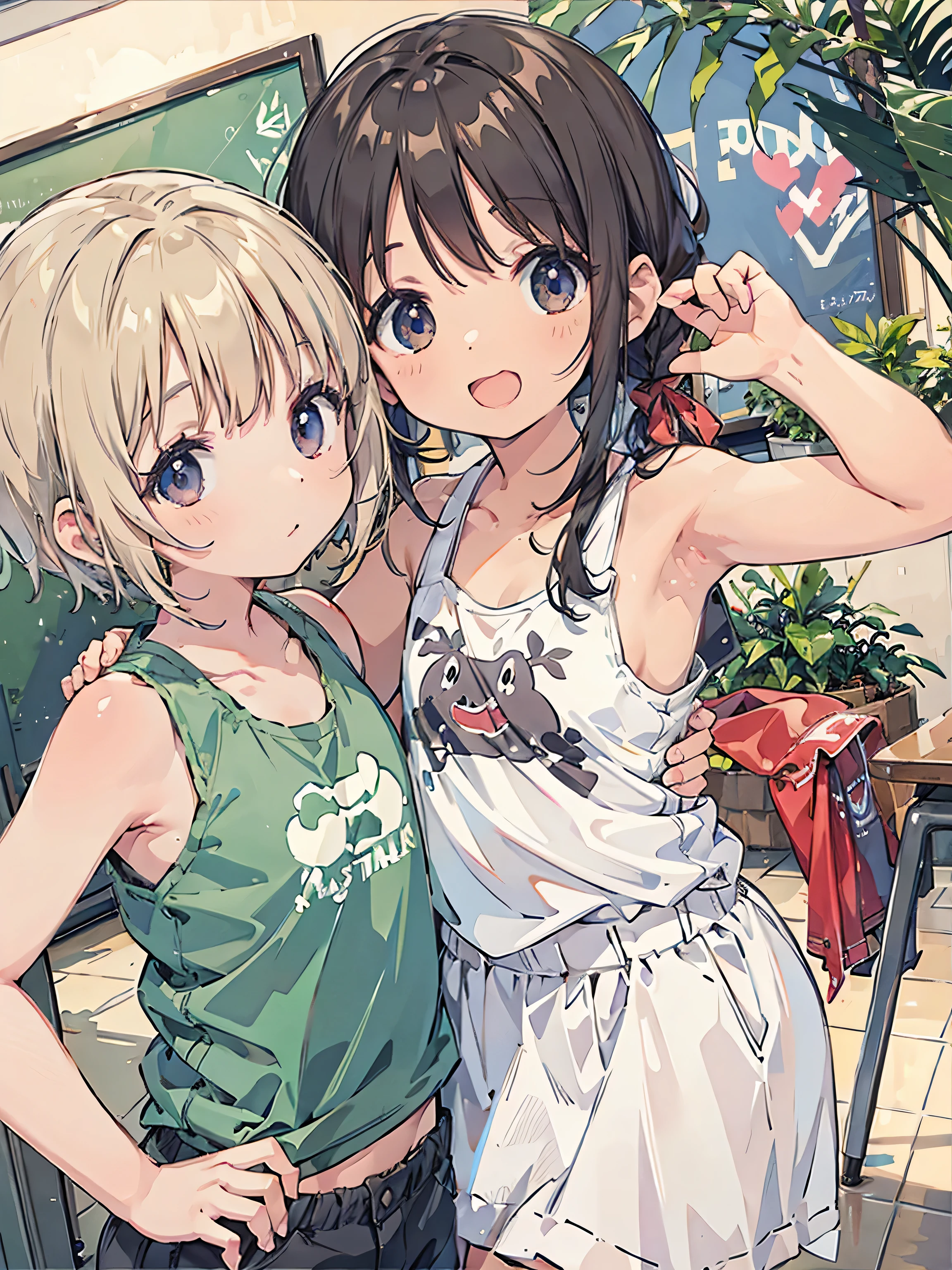 Age 25、HD, masterpiece, ((tank top t-shirt)), (pastel west cross ), red cheeks, best quality, smile, ( Medically Accurate ),((classmates)), staring at the camera,show your teeth and laugh, country road