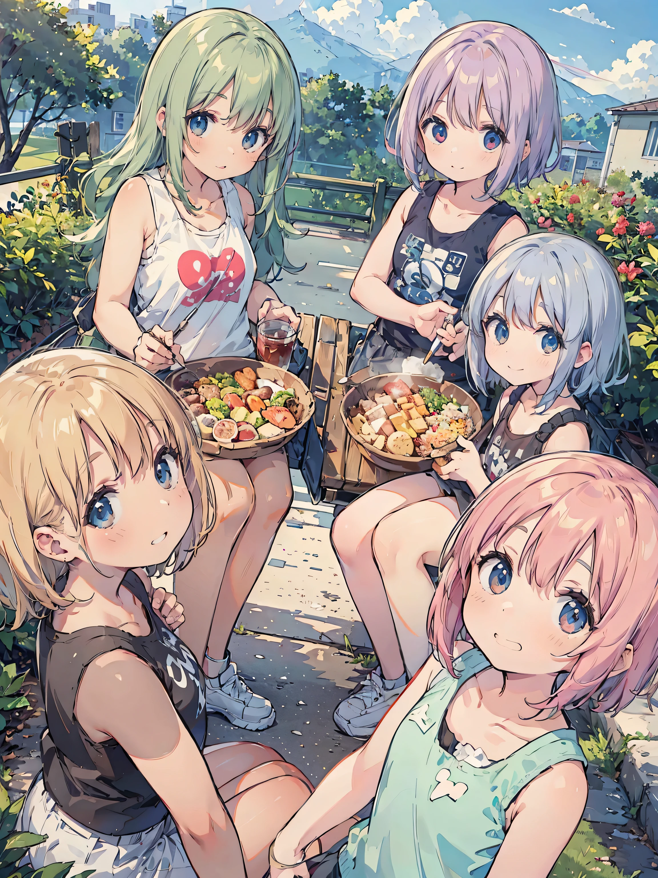 Age 25、HD, masterpiece, ((tank top t-shirt)), (pastel west cross ), red cheeks, best quality, smile, ( Medically Accurate ),((classmates)), staring at the camera,show your teeth and laugh, country road