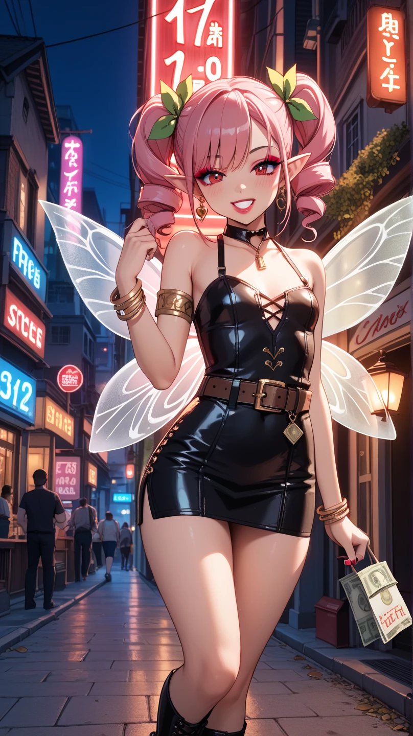 soft light,street, night,buildings,crowd,city lights,denier,
1girl ,white shirt,bra visible through clothes,criss-cross halter, pencil skirt, black skirt,jewelry, choker,black_thighhighs,slut,whore,gyaru,mature,blush,sexy, eyeliner thick_eyebrows jewelry makeup red_eyeliner, a fringe divided in a middle parting,(yellow_eyes:0.8),pink_hair,medium hair,pointy ears,red demon horns,naughty face,smile,
<lora:denier:0.55>