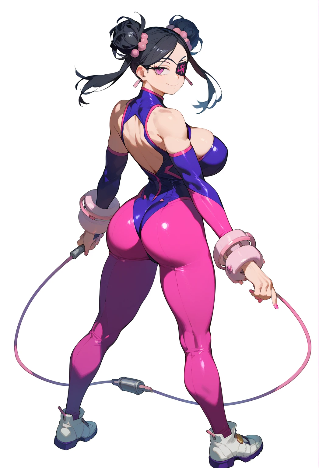 Full body image of Juri Han from Street Fighter 5, wearing her original outfit (black and purple bodysuit with spiked accents, barefoot with taped feet, and arm guards), short black hair styled in twin buns, female body, athletic and flexible body, dynamic pose, detailed pose, simple background, expressive face showing a mischievous grin, focus on face, line art, sketch