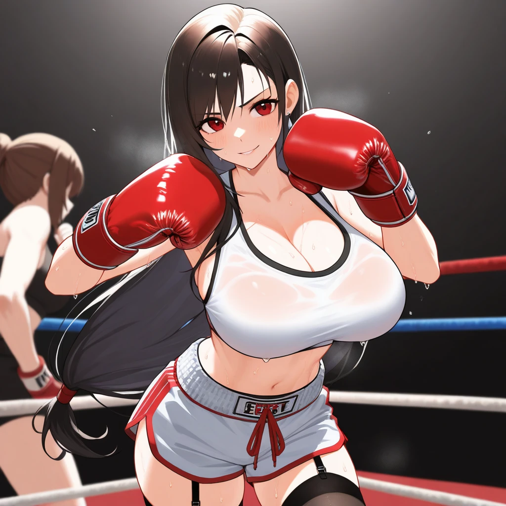 individual,Beauty,Realistic boxing gloves,Boxing action,Knee socks,Black fun underwear,sexy,Big breasts,long legs,cleavage,Boxing ring,sweating,8k,Super detailed,high quality,long hair,Cat ear