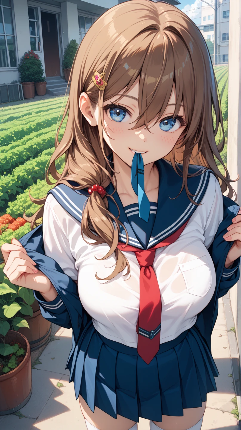 (dynamic angle),in the sandy beach, ocean, splashing, blue sky, windy, rim light, sunlight, beautiful lighting, strong light,pale Light orange Hair, long hair, twintails, hair ribbon, girl1, in the School classroom, (upper body), completely nude, (small nipples:1.2), (small areolas:1.2), kawaii, cute, pale purple eyes,(shy), (blush),(light smile),(open whiteshirt:1.6),