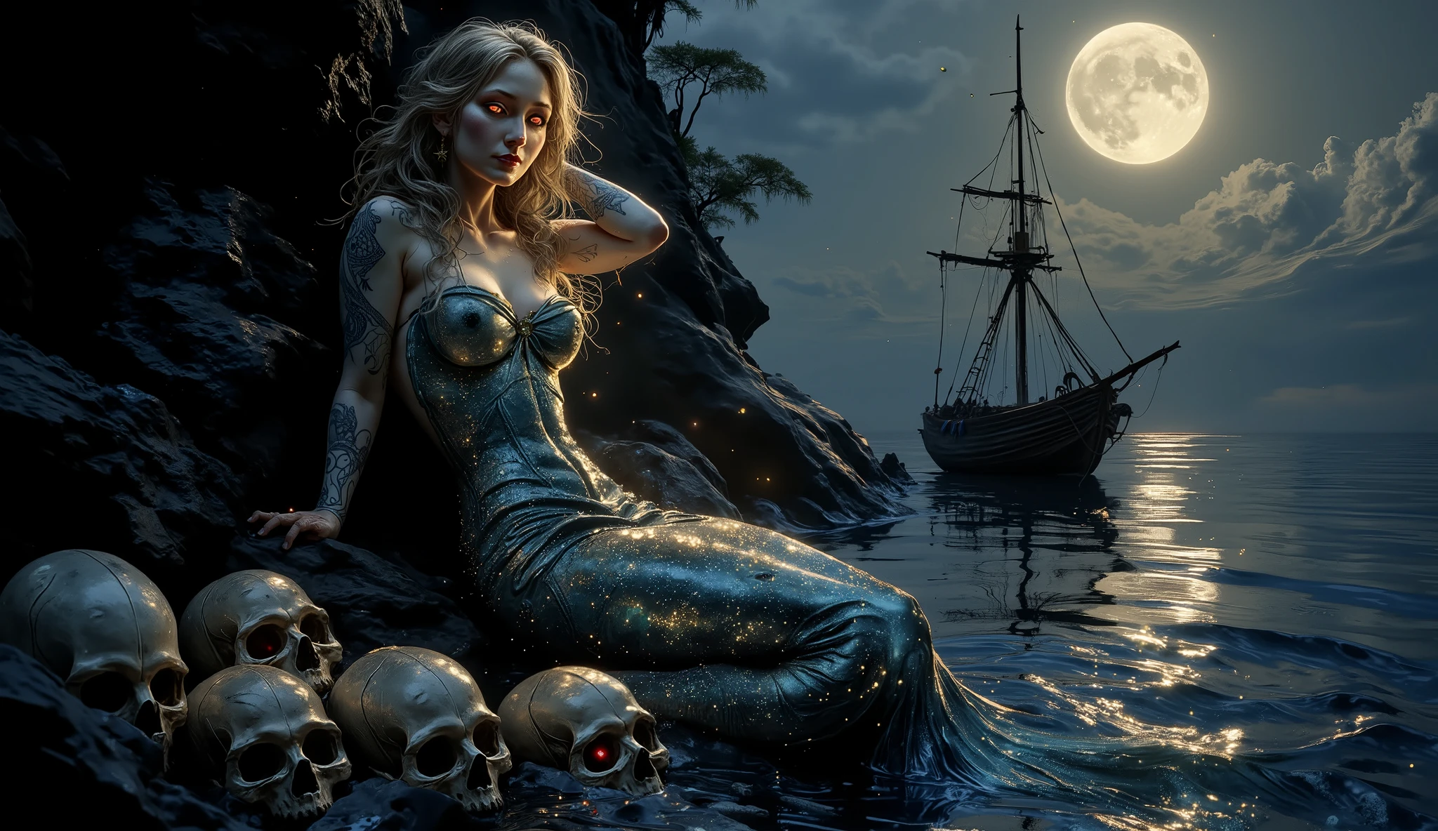 Imagine a mermaid of mesmerizing beauty, sitting on a shady rock rising from the deep waters of the sea. Her long, wavy hair floats around her, reflecting shades of blue and gold under the faint light of the moon. The mermaid has an enigmatic look, with eyes that shine in an intense red, as if guarding ancient secrets.
At the foot of the rock, several skulls are scattered, silent witnesses of lost sailors and forgotten stories. The smell of sea salt mixes with the heavy air of mystery and danger. Ao fundo, a stranded boat stands out against the horizon, her torn sails swaying in the wind, as if crying out for help.
The scene's predominant colors are the deep black of the night, the blue of the waters, the vibrant red of the mermaid's eyes and the gold that shines on the scales of her tail, creating a dramatic contrast that evokes both beauty and terror.