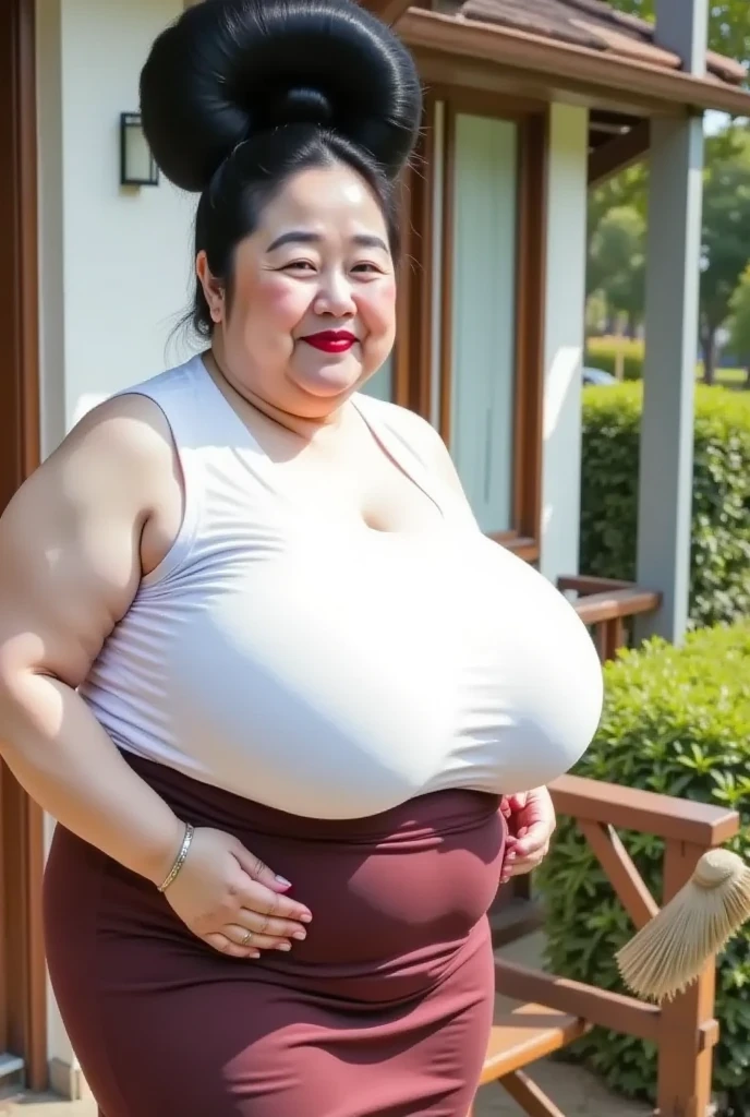 4k, 1 mature model, japanese, 45 years old, nsfw, topless, looking at viewer, shoot from front, full body, standing, hand waving for viewer, Obese, Plump, bombshell, Enormous Breasts, Sagging breasts, gigantic breasts, puffy nipple, miky dark areola, large areola, Pubic hair, Overweight Body, Bulky legs, Wide waist, Flabby, Postpartum, geisha hair, japanese yamanba make up, shibuya gangro gal, pink japanese fundoshi, high heels, breast milk is dripping out her nipple, Pubic hair slip out from fundoshi, audience crowd, in sumo fashion show